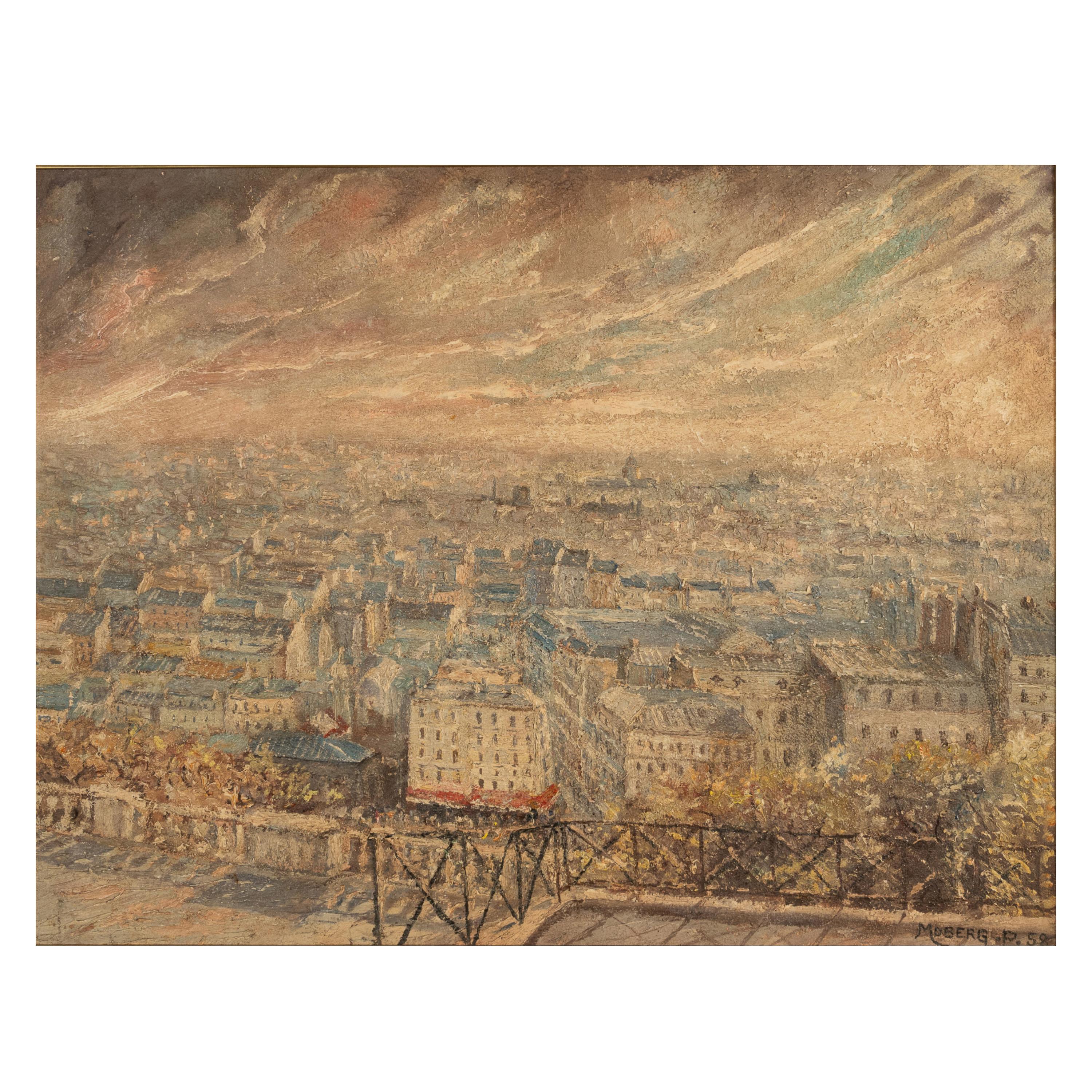 A very attractive French Impressionist Modernist oil painting, a Paris cityscape landscape, by Pierre Moberg (1911-2002), the painting signed & dated 1958.
This very attractive painting depicts Paris from above, looking down on the city, the