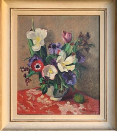 Still Life with Flowers and a Fruit. Sign. Pierre Monay, french - swiss painter.