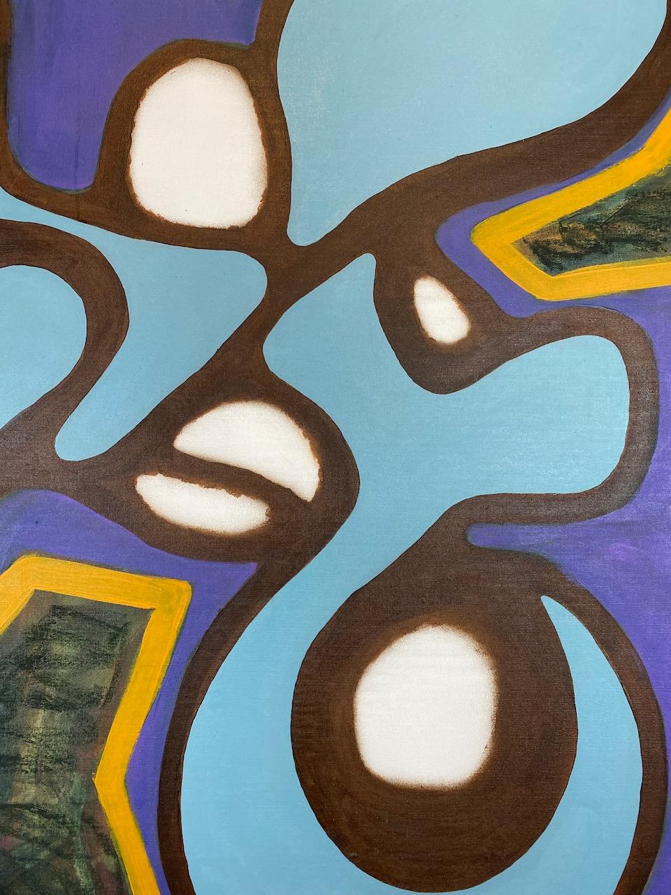 In this abstract painting, Pierre Morquin explores the theme of life after death. Vivid colors and sinuous shapes evoke a dreamlike, mysterious world. Viewers are invited to let their imaginations and beliefs guide them.

Flat tones of blue, yellow