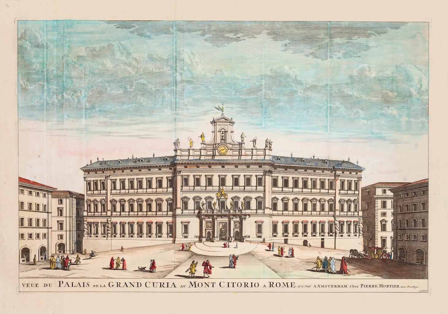 Grande Curia Palace is an original hand-colored print realized by the Dutch artist Pierre Mortier in the second half of the XVII century.

Original etching on paper.

Signed on the plate on the lower right.

Good conditions, and repaired.

Beautiful