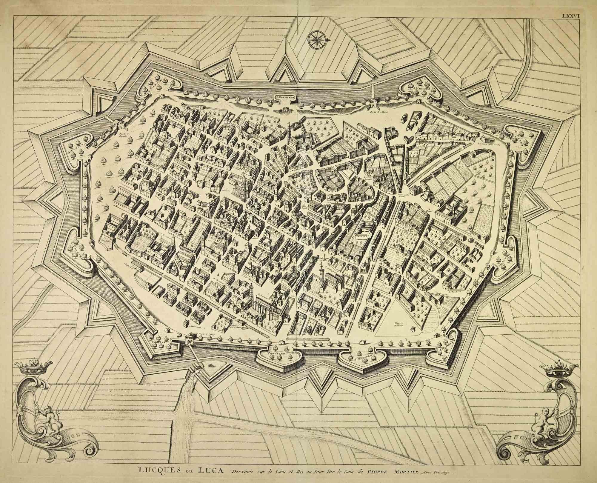 La mappa di Lucca è un'incisione realizzata da Pierre Mortier all'inizio del XVIII secolo.

Buone condizioni.