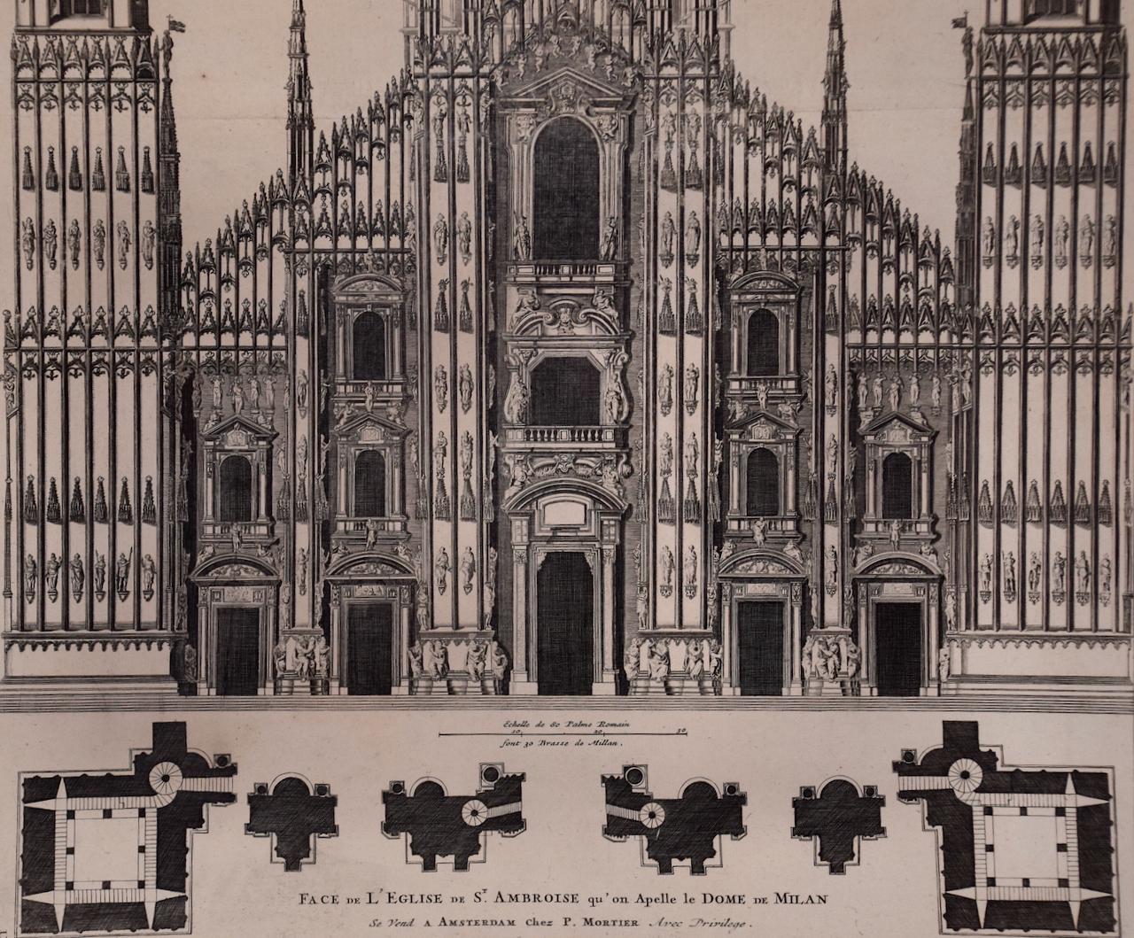 Milan Cathedral: A Framed 1704 Architectural Rendering by Mortier after Blaeu - Brown Still-Life Print by Pierre Mortier