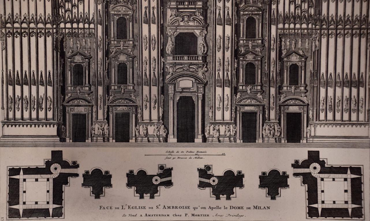 This is an architectural engraving depicting the front of the famous cathedral in Milan (Duomo di Milano), Italy entitled 