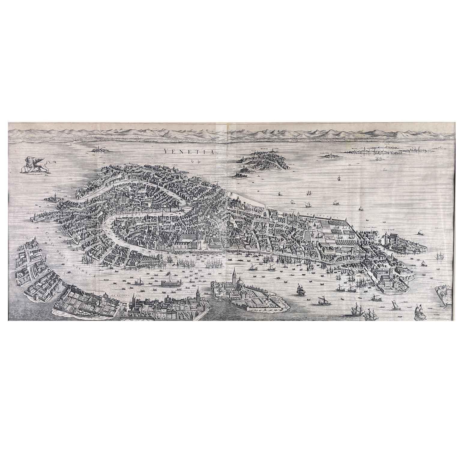 Venise Gravure ancienne 1724 Mortier. Cette vue vénitienne est l'une des plus évocatrices et des plus fascinantes  plans en perspective de la ville de Venise, gravés sur cuivre, appartenant à l'œuvre   Nouveau Theatre d'Italie ou Description exacte