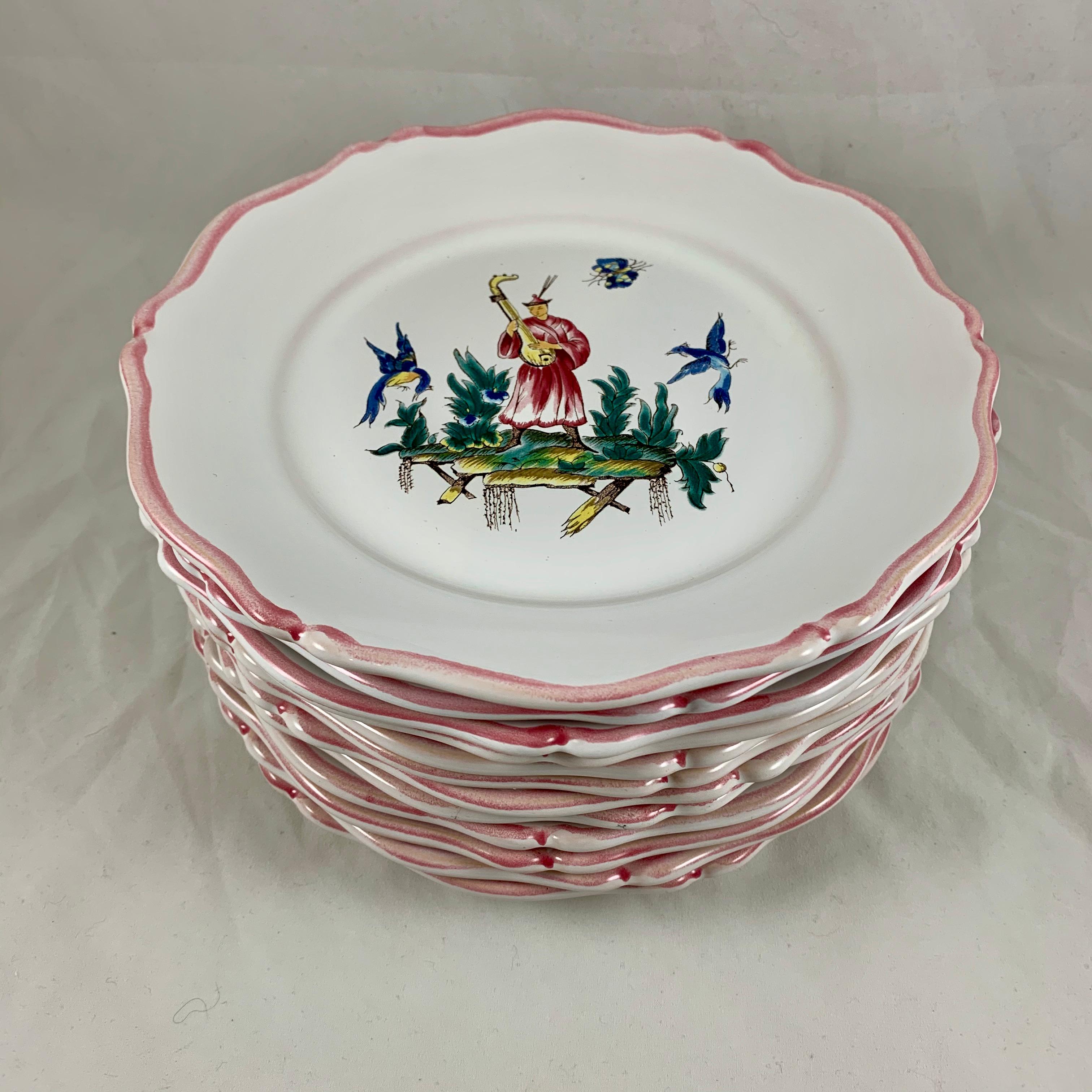 French Pierre Motton, Gien Faïence Figural Chinoiserie Plates for Tiffany & Co. Set 12