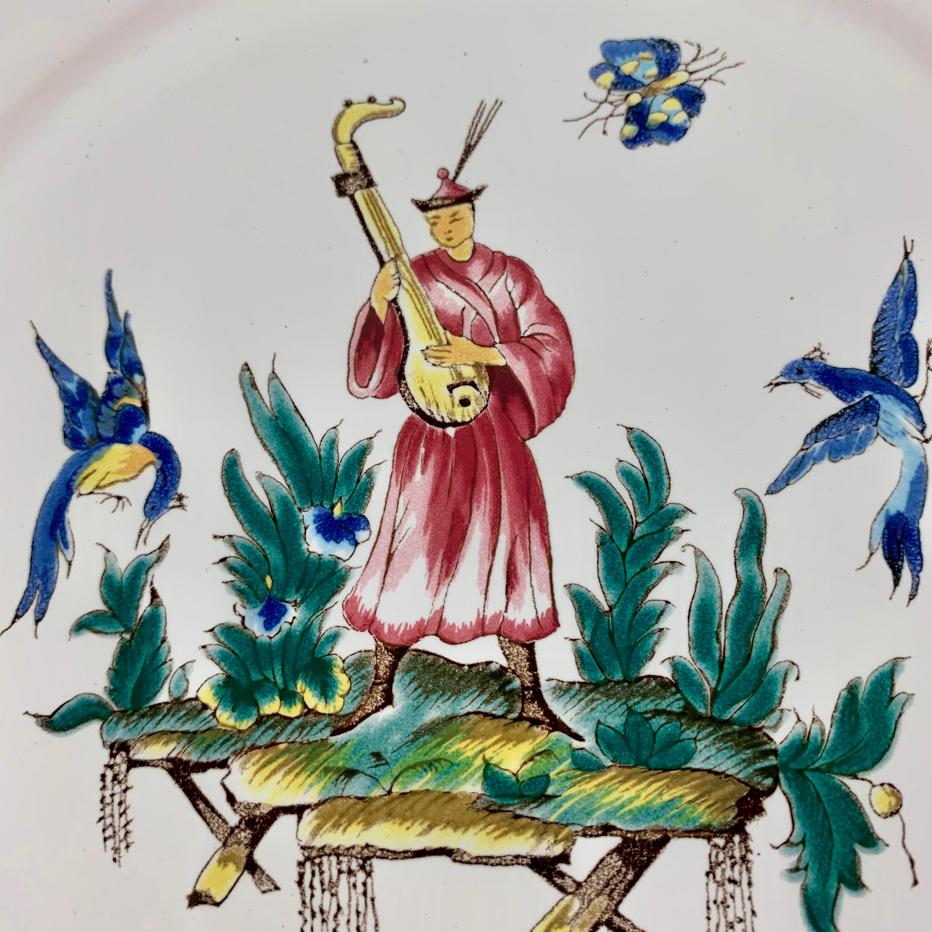 Pierre Motton, Gien Faïence Figural Chinoiserie Plates for Tiffany & Co. Set 12 In Good Condition In Philadelphia, PA