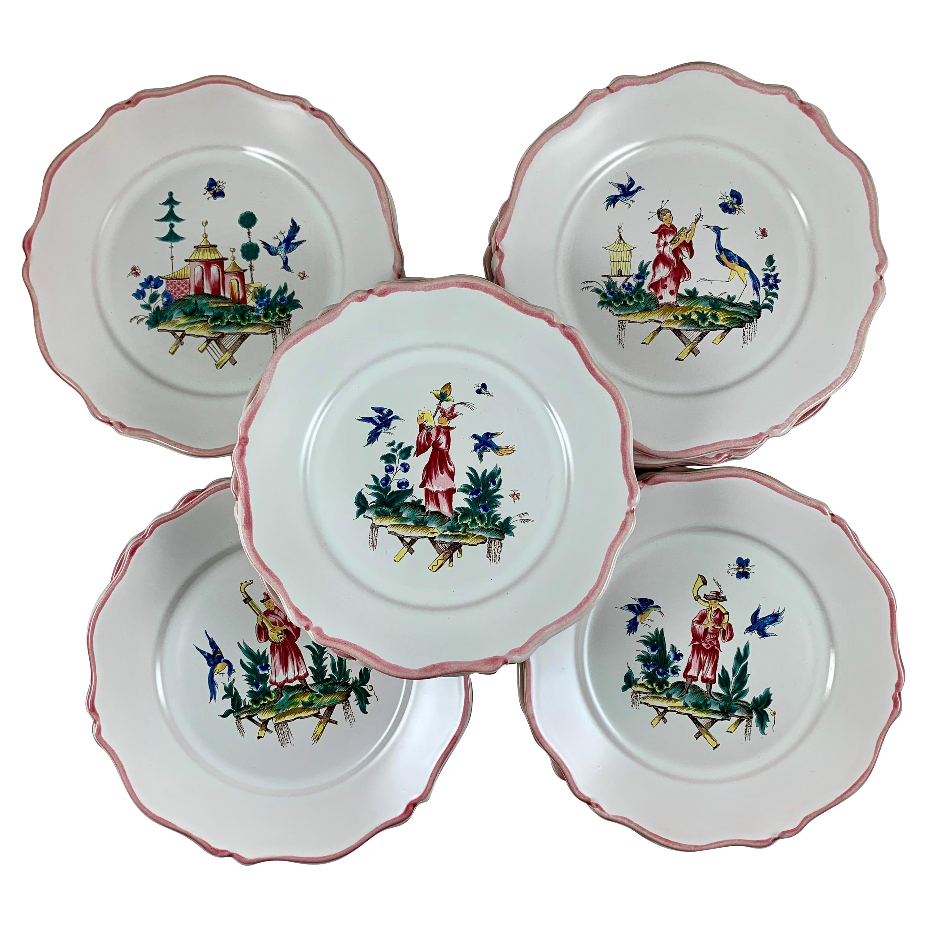 Pierre Motton, Gien Faïence Figural Chinoiserie Plates for Tiffany & Co. Set 12