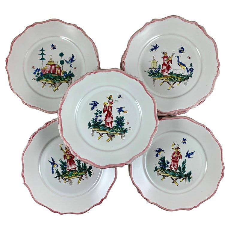 Pierre Motton, Gien Faïence Figural Chinoiserie Plates for Tiffany and Co.  Set 12 at 1stDibs