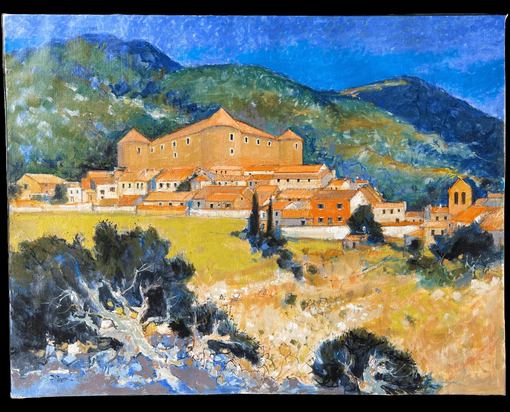 Eine Festung auf einem Hügel über einem Dorf mit orangenem Dach in sonnenbeschienenen Hügeln Französisches Ölgemälde – Painting von Pierre Neveu