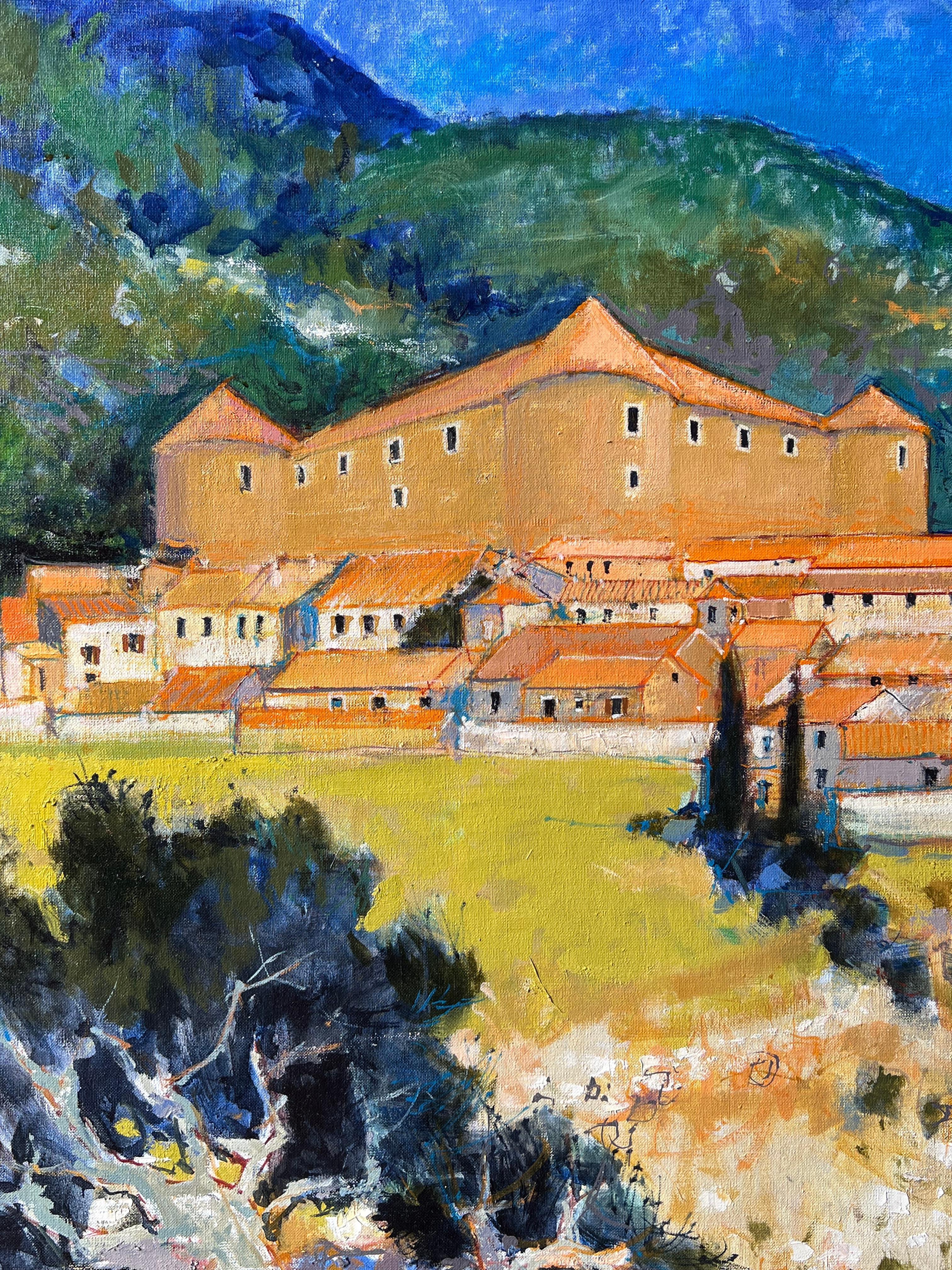 Eine Festung auf einem Hügel über einem Dorf mit orangenem Dach in sonnenbeschienenen Hügeln Französisches Ölgemälde (Post-Impressionismus), Painting, von Pierre Neveu