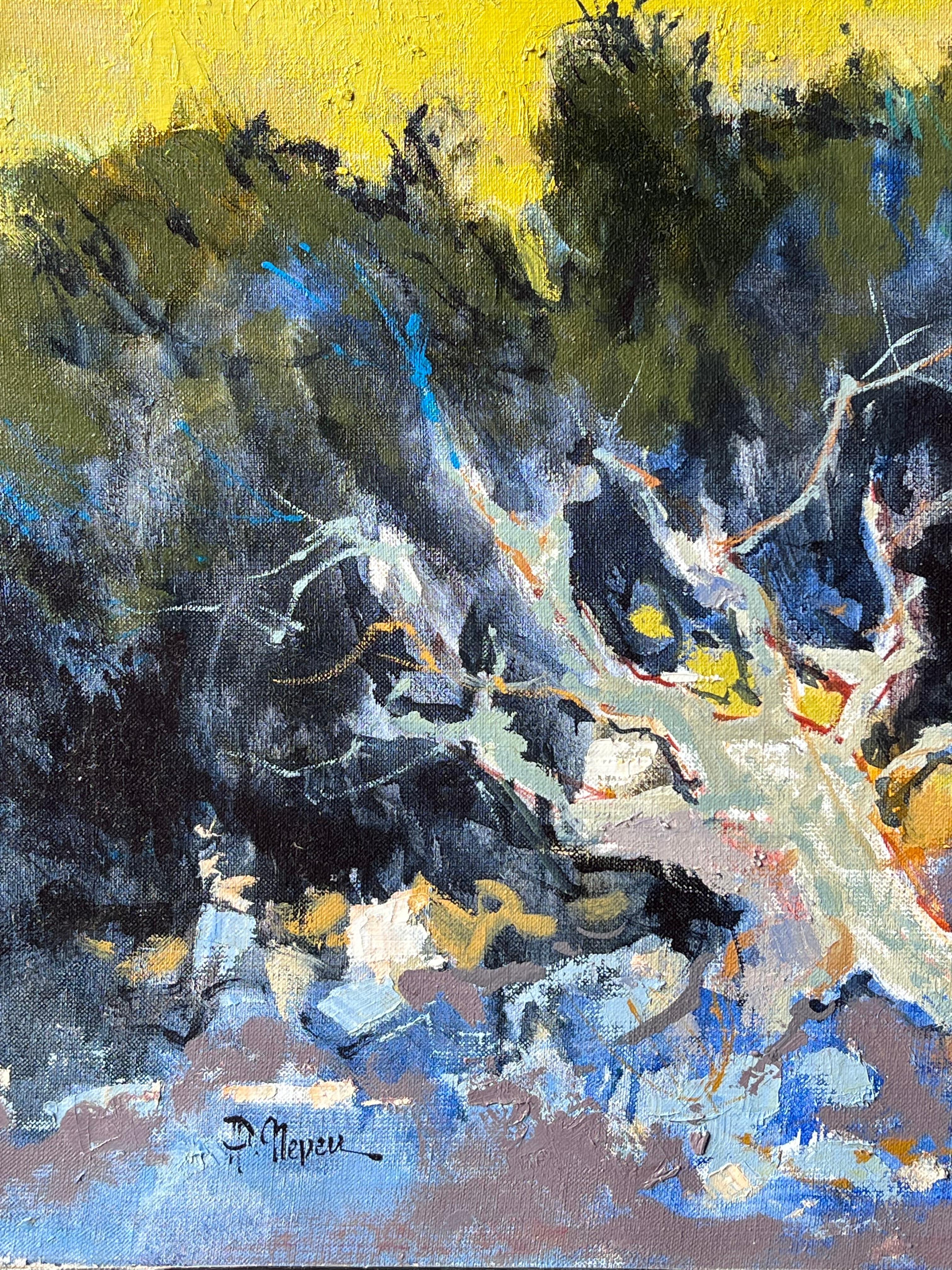 Eine Festung auf einem Hügel über einem Dorf mit orangenem Dach in sonnenbeschienenen Hügeln Französisches Ölgemälde (Grau), Landscape Painting, von Pierre Neveu