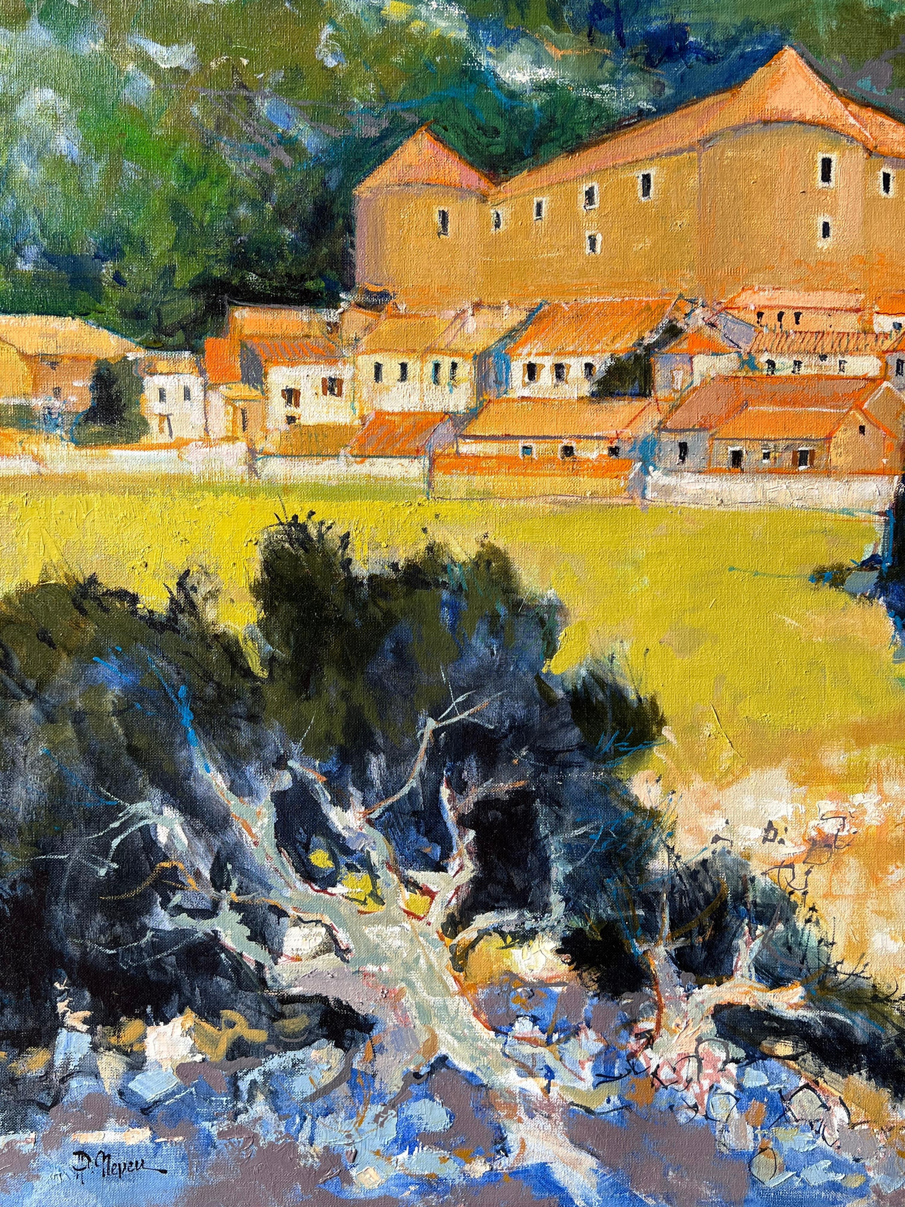 Eine Festung auf dem Hügel 
Künstler: Pierre Neveu (Franzose, geb. 1929)
Signiert unten links
Medium: Öl auf Leinwand, ungerahmt
Leinwand: 35 x 45,5 Zoll
Zustand: Guter und gesunder Zustand
Verso beschriftet
Provenienz: Aus dem Atelierverkauf des