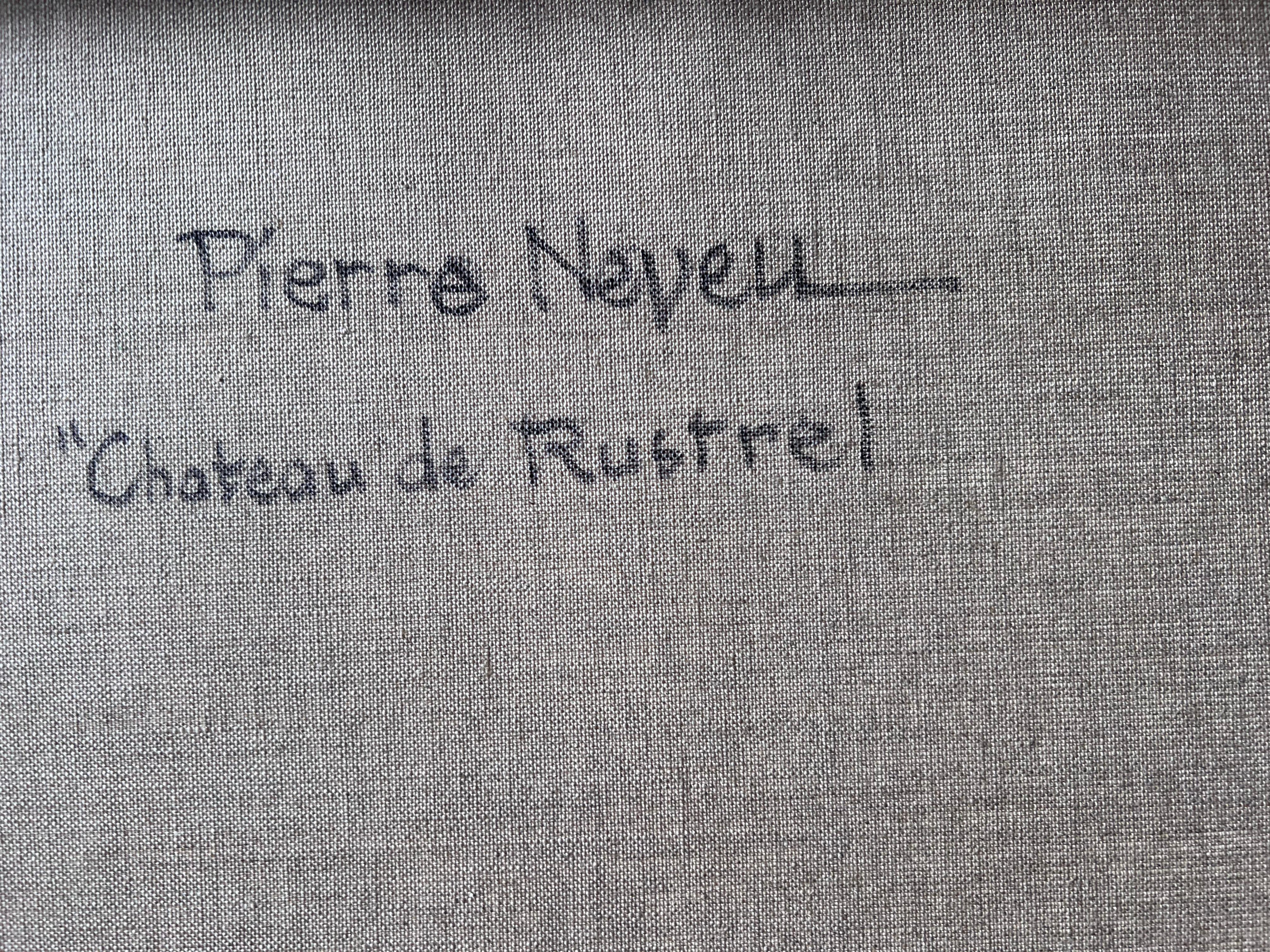 Eine Festung auf einem Hügel über einem Dorf mit orangenem Dach in sonnenbeschienenen Hügeln Französisches Ölgemälde im Angebot 3