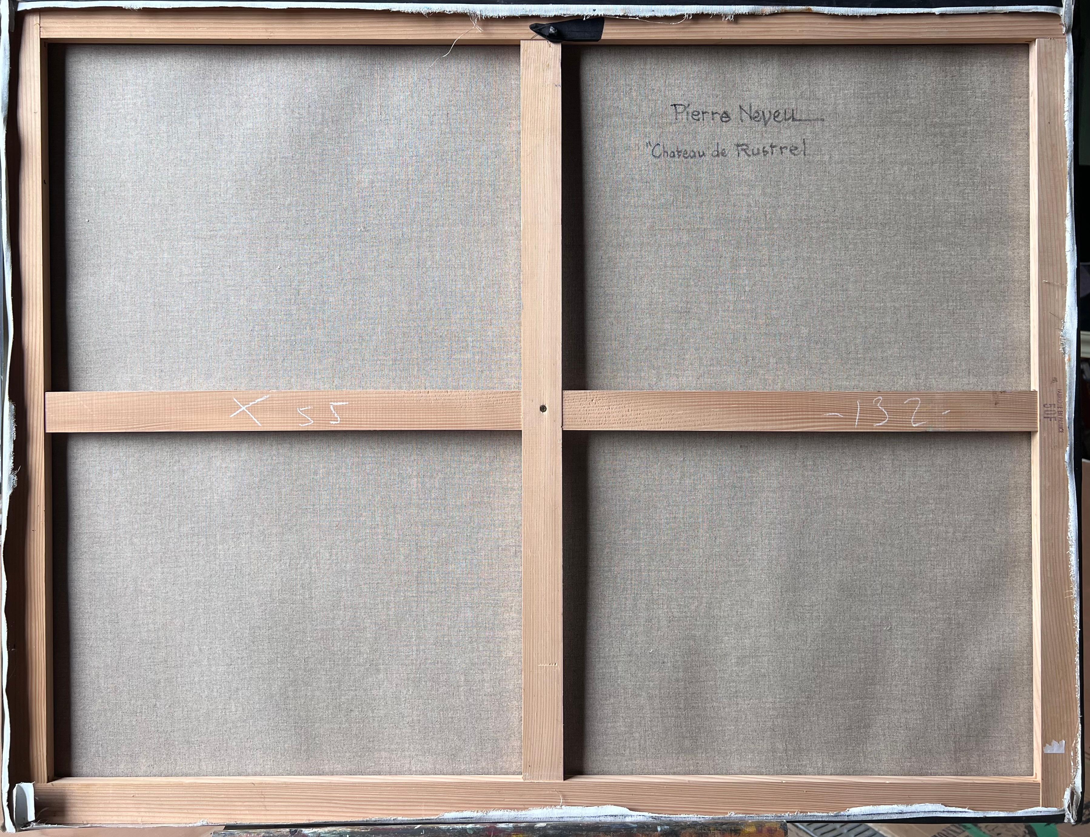 Eine Festung auf einem Hügel über einem Dorf mit orangenem Dach in sonnenbeschienenen Hügeln Französisches Ölgemälde im Angebot 4