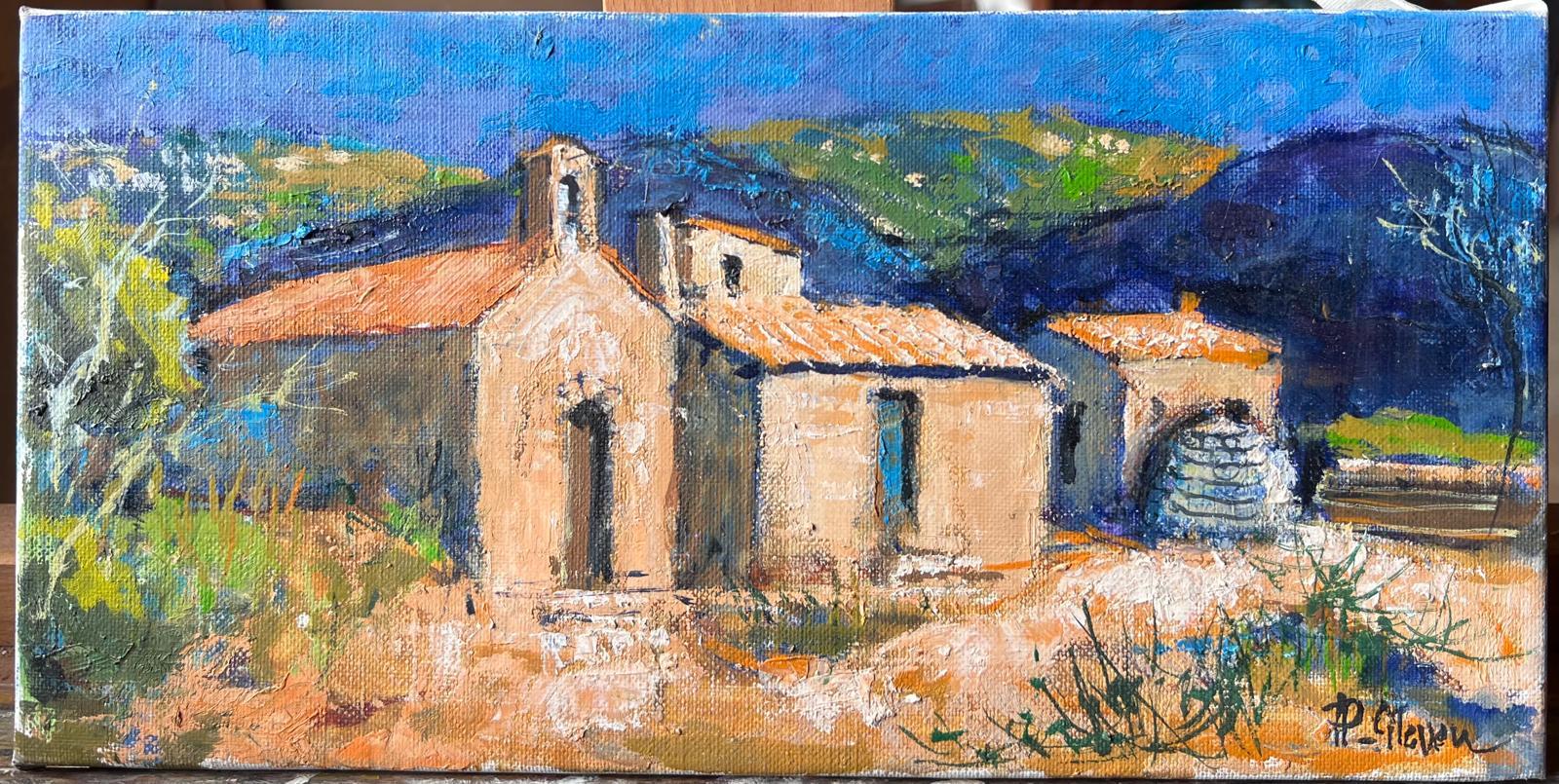 A. Stone Kapelle und Nebengebäude in sonnenbeschienener Berglandschaft Französisches Ölgemälde – Painting von Pierre Neveu