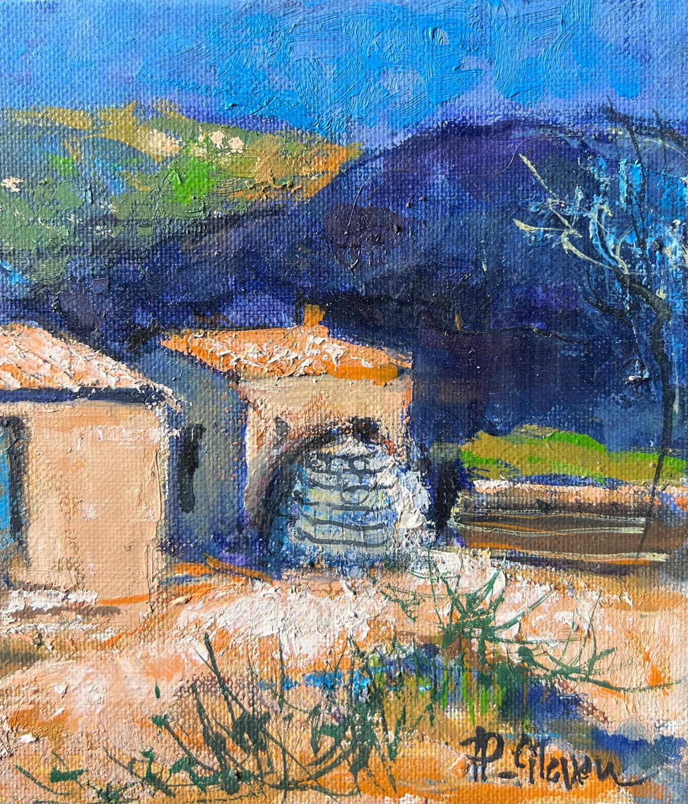 A. Stone Kapelle und Nebengebäude in sonnenbeschienener Berglandschaft Französisches Ölgemälde (Post-Impressionismus), Painting, von Pierre Neveu