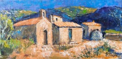 A Stone Chapel And Outbuildings In Sunlit Mountain Landscape French Oil Painting