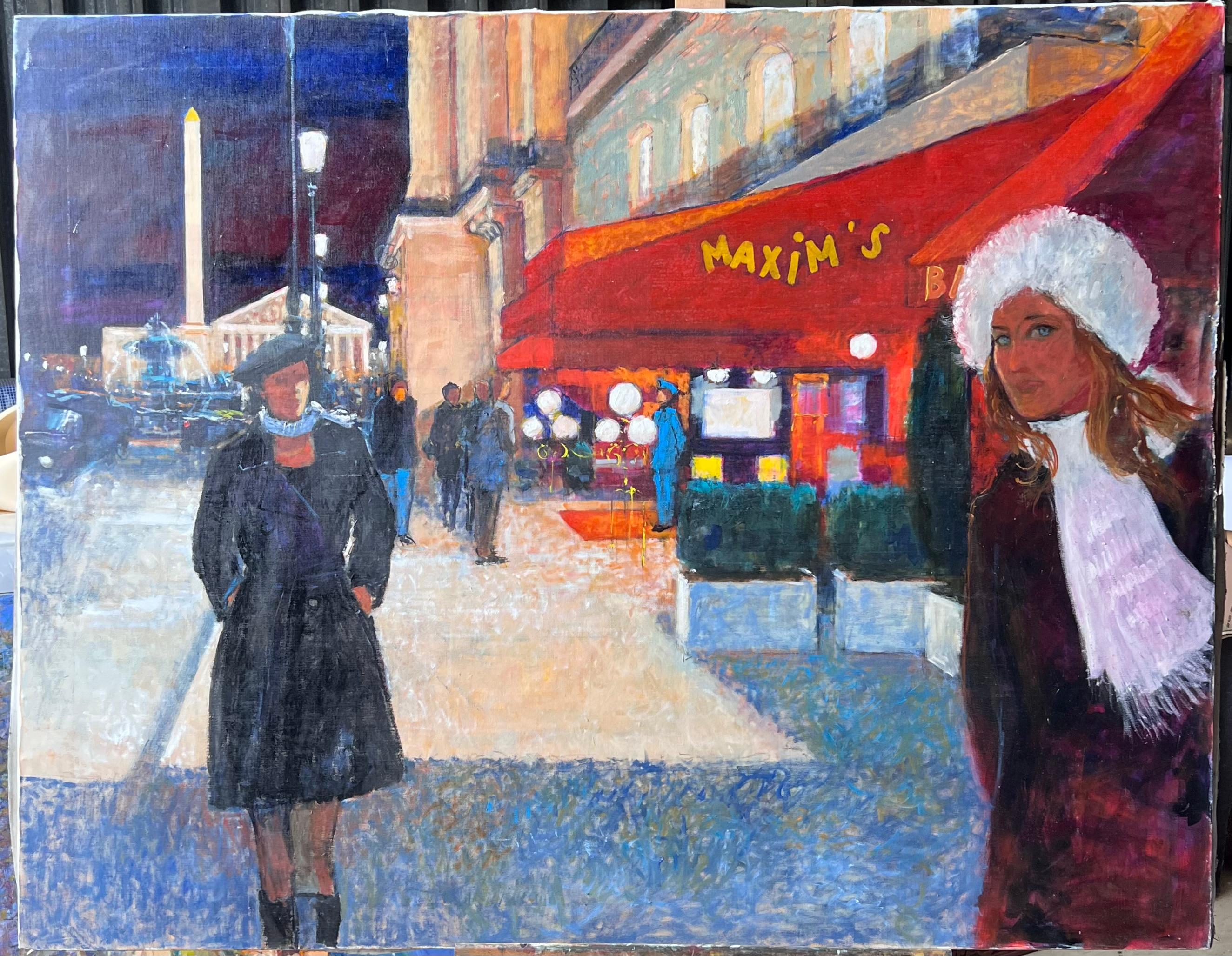 Pariser Maxim's nächtliche Straßenszene mit zwei eleganten Frauen Französisches Ölgemälde – Painting von Pierre Neveu