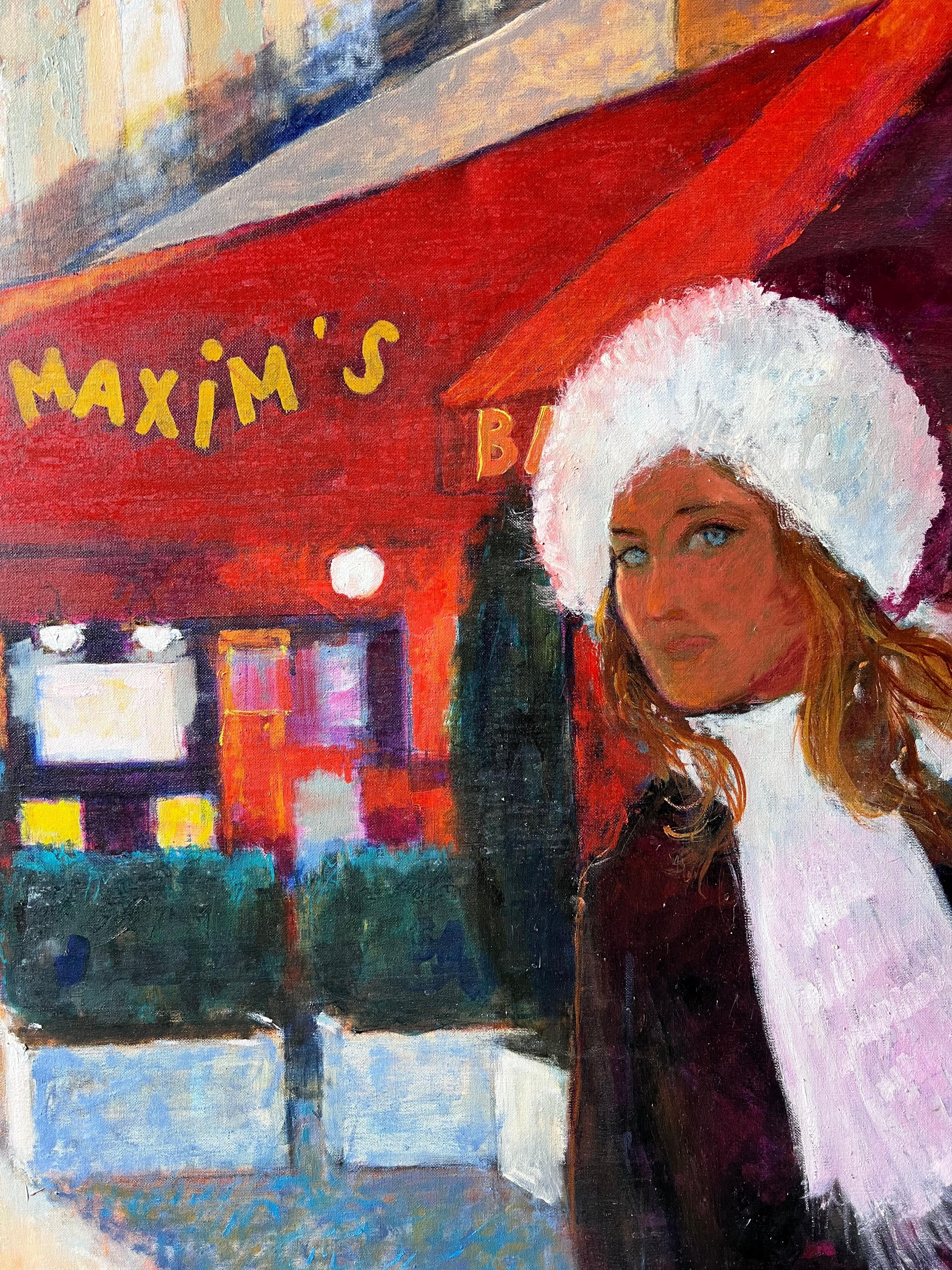 Pariser Maxim's nächtliche Straßenszene mit zwei eleganten Frauen Französisches Ölgemälde (Post-Impressionismus), Painting, von Pierre Neveu