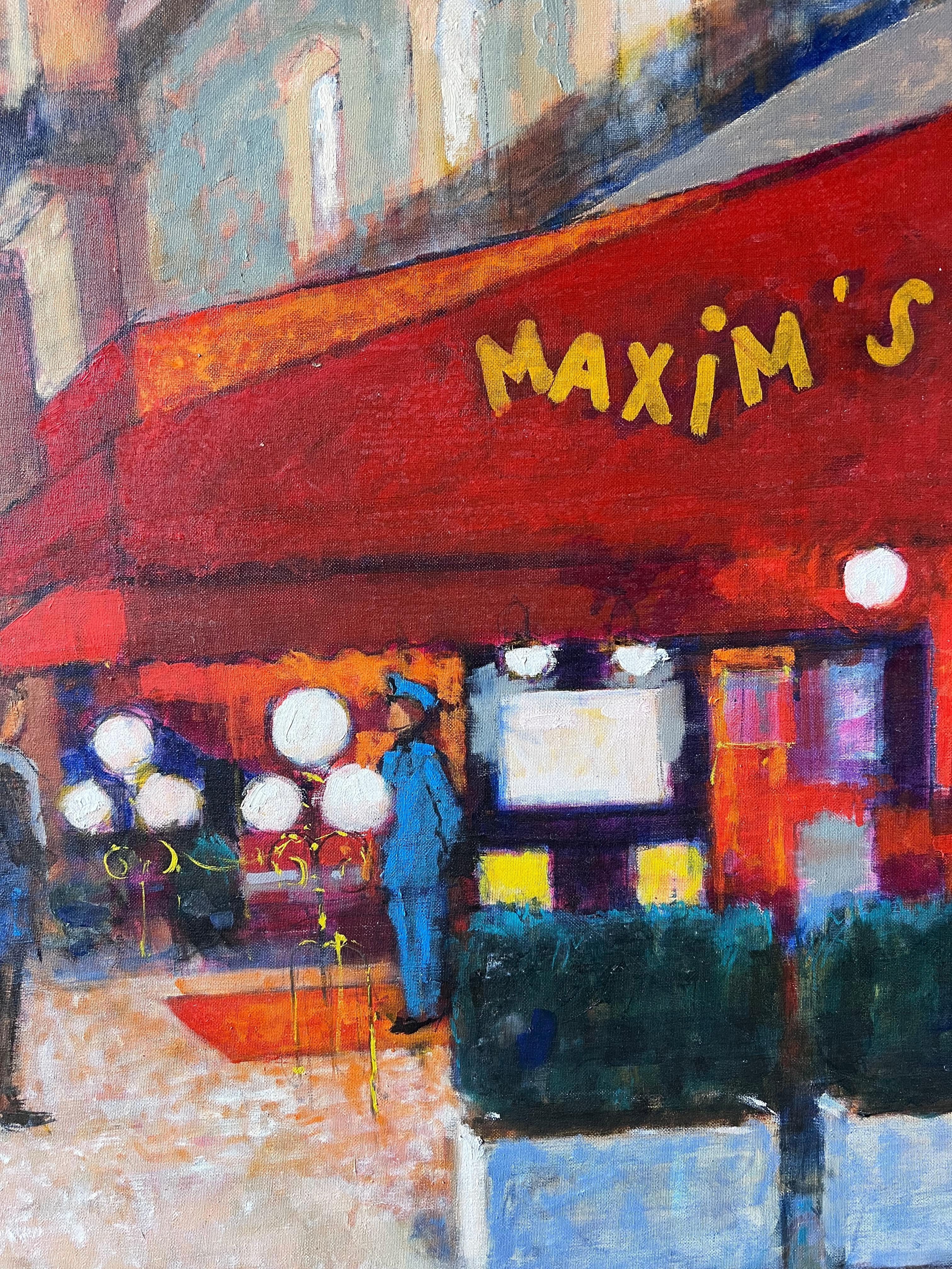 Pariser Maxim's nächtliche Straßenszene mit zwei eleganten Frauen Französisches Ölgemälde (Grau), Figurative Painting, von Pierre Neveu