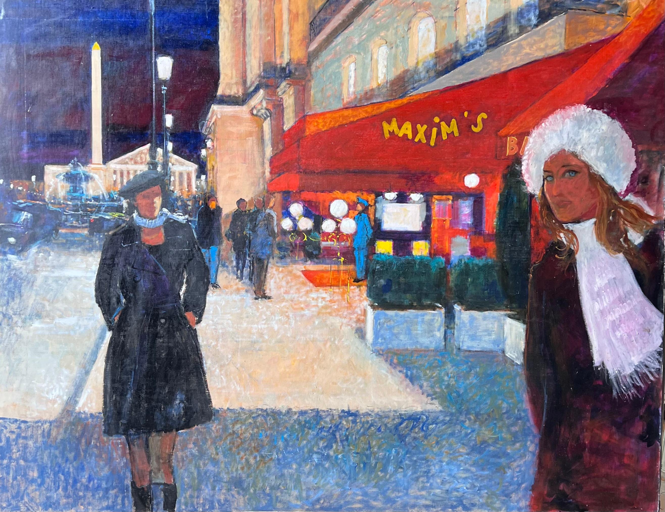 Pariser Maxim
s nächtliche Straßenszene mit zwei eleganten Frauen Französisches Ölgemälde