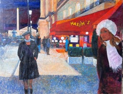 A Parigi Maxim's Nightly Street Scene With Two Stylish Women Pittura ad olio francese