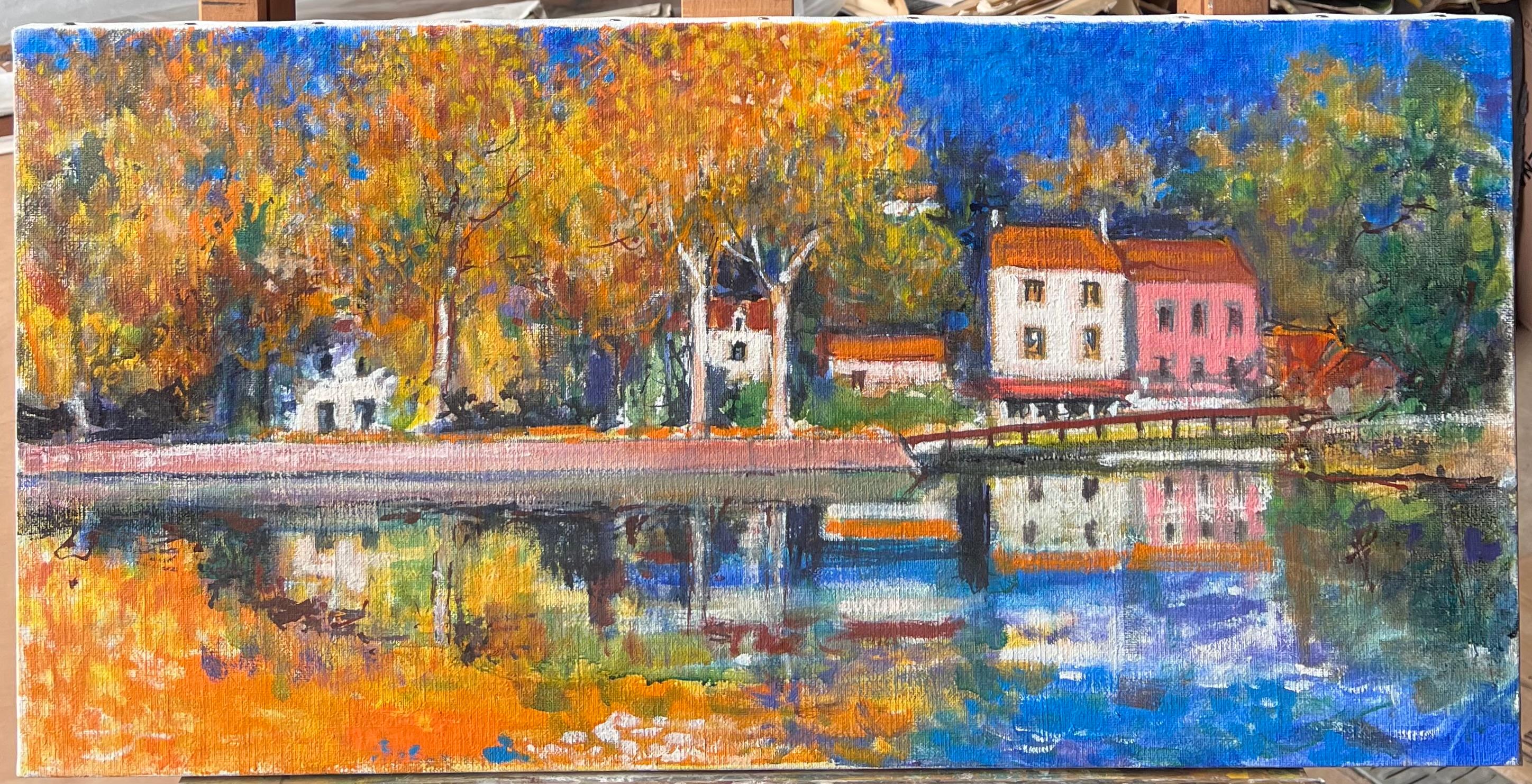 Autumn Riverside View With Trees And Homes Beside Calm Water French Oil Painting (Braun), Landscape Painting, von Pierre Neveu