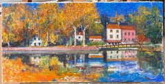 Autumn Riverside View With Trees And Homes Beside Calm Water French Oil Painting