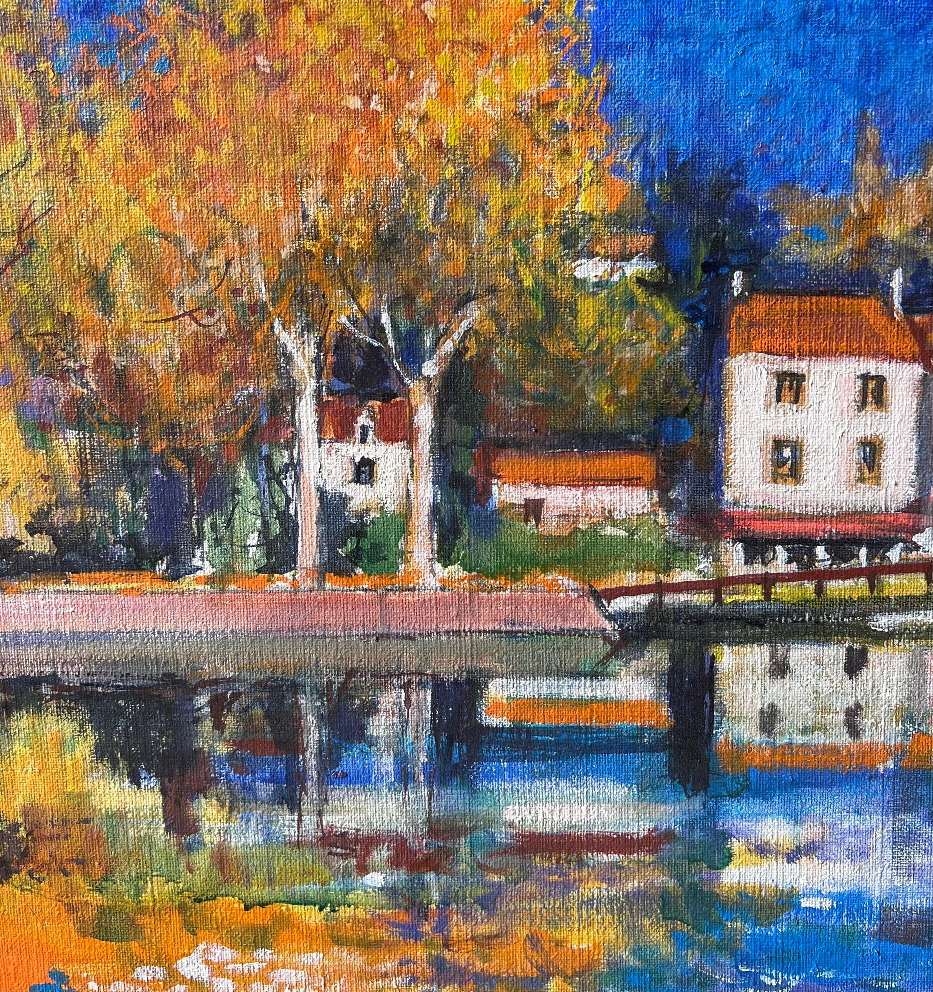 Herbst Riverside Ansicht mit Bäumen
Künstler: Pierre Neveu (Franzose, geb. 1929)
Medium: Öl auf Leinwand, ungerahmt
Leinwand: 16 x 31,5 Zoll
Zustand: Guter und gesunder Zustand
Provenienz: Aus dem Atelierverkauf des Künstlers in Frankreich; alle