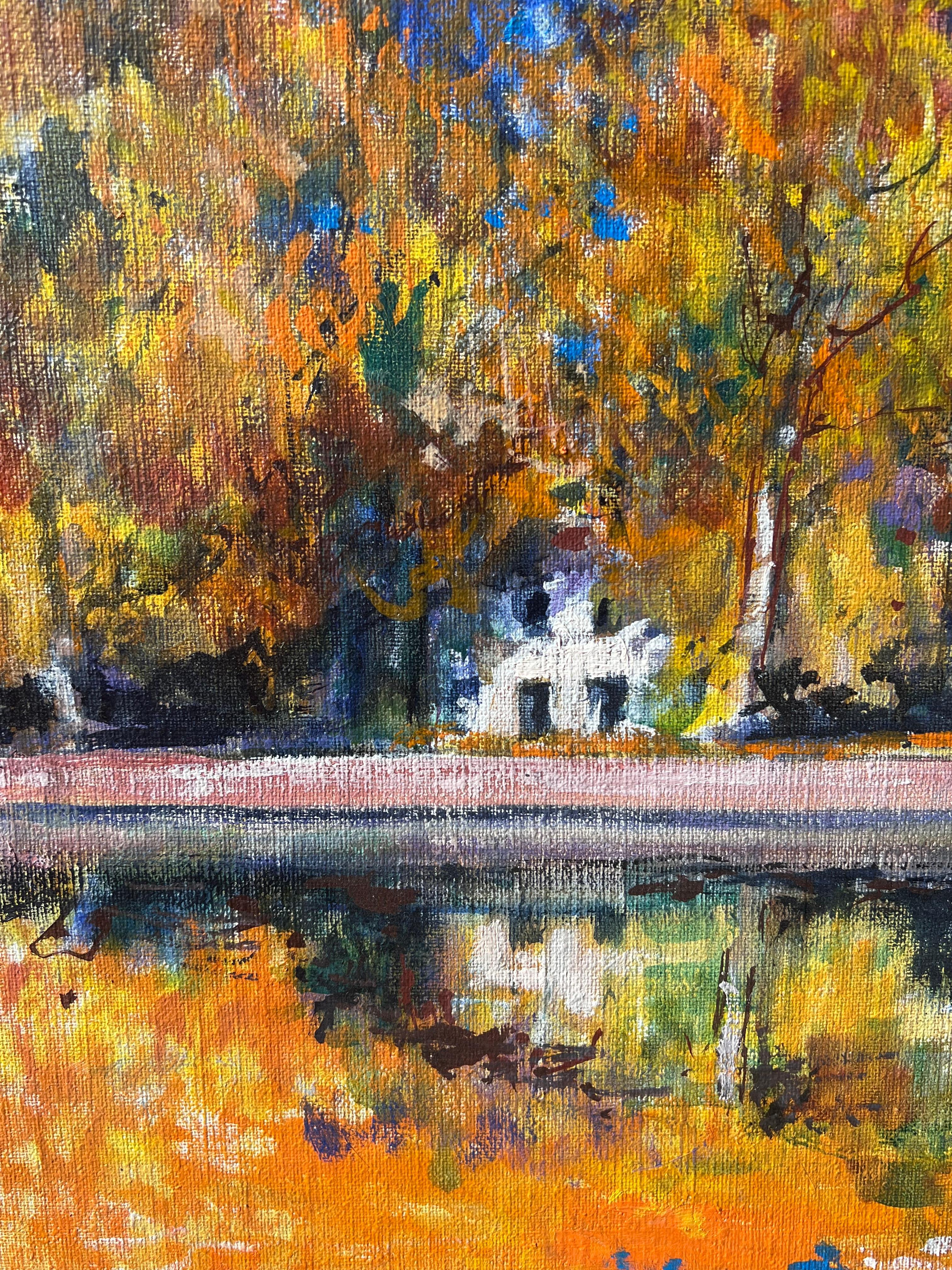 Autumn Riverside View With Trees And Homes Beside Calm Water French Oil Painting im Angebot 1