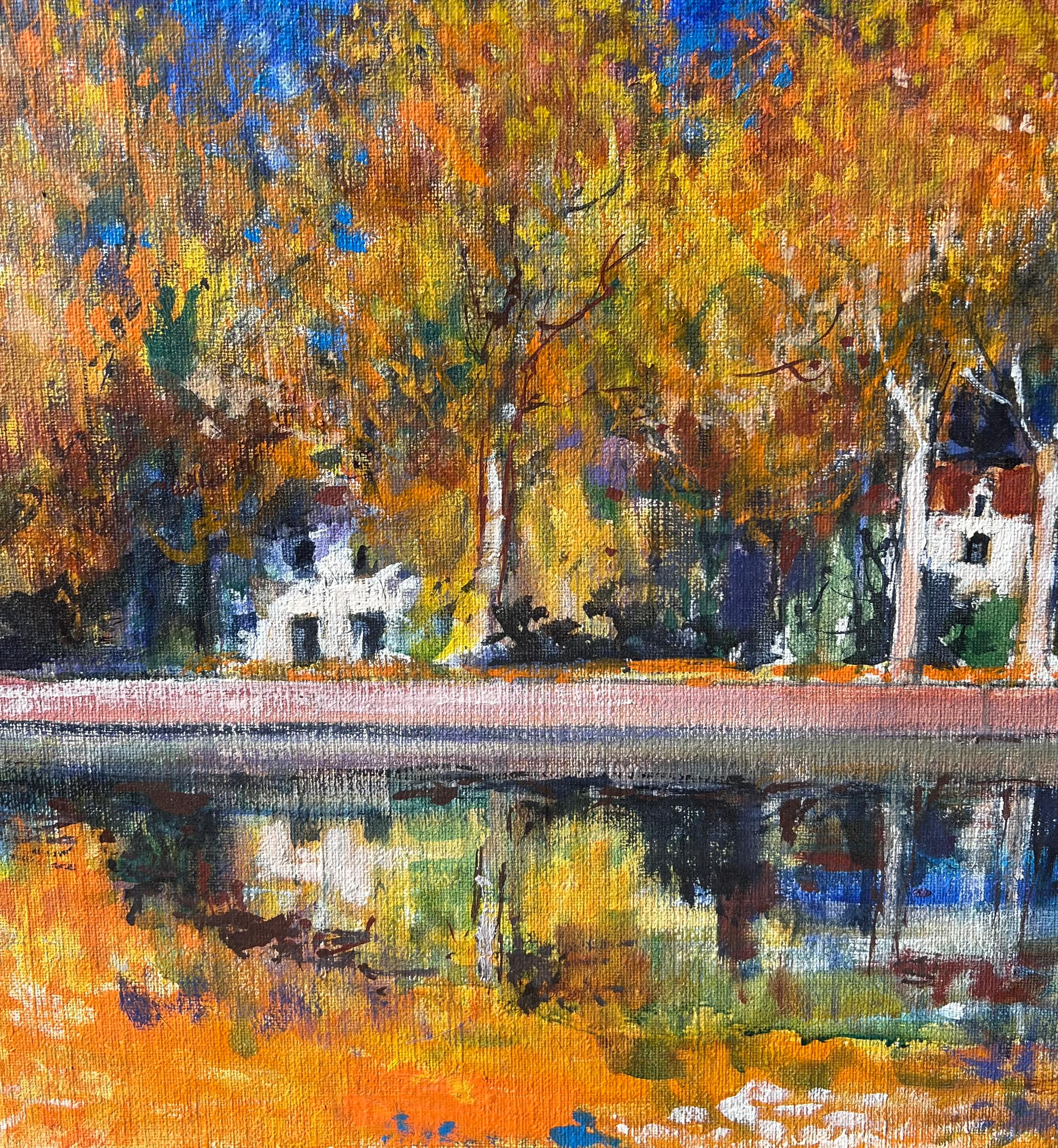 Autumn Riverside View With Trees And Homes Beside Calm Water French Oil Painting im Angebot 2