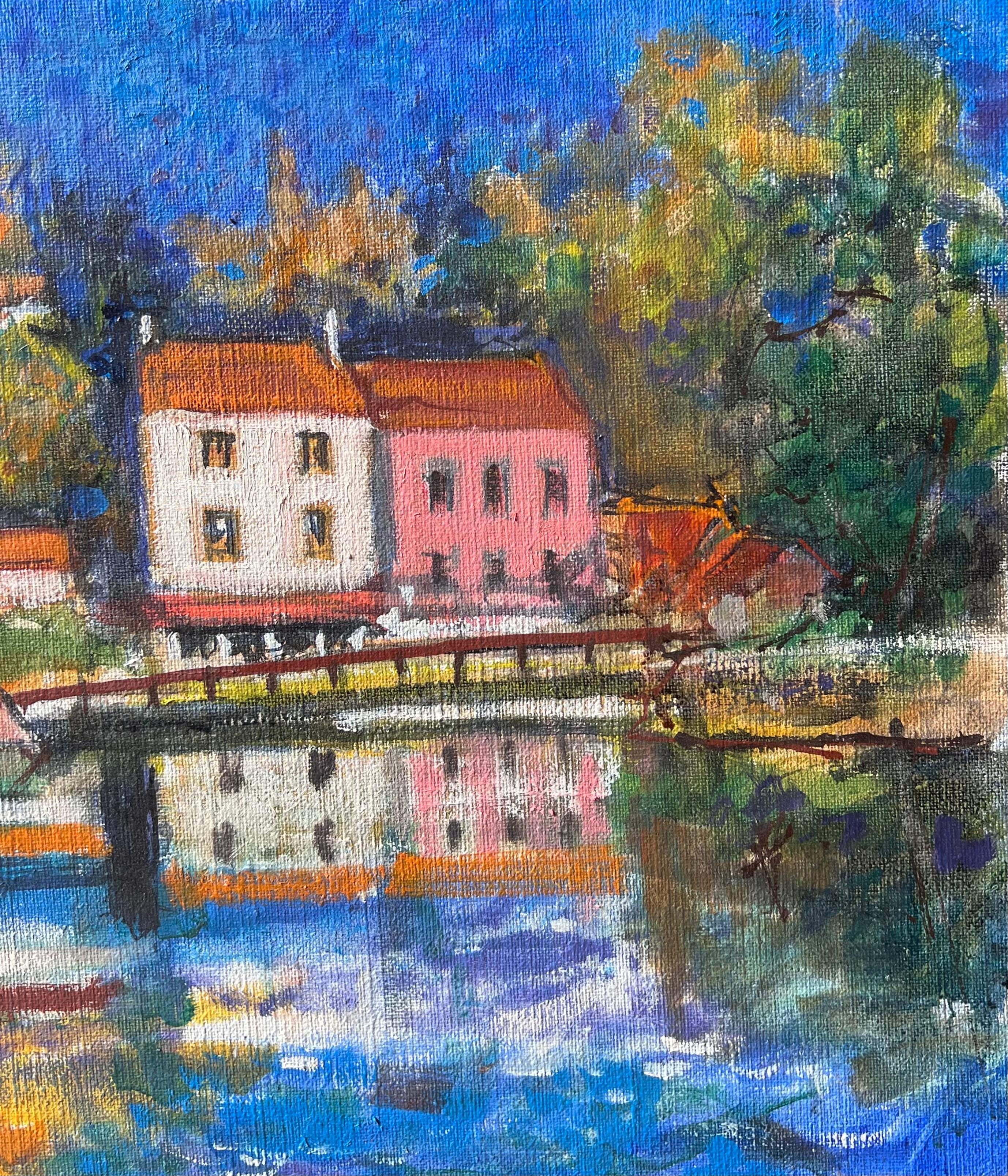 Autumn Riverside View With Trees And Homes Beside Calm Water French Oil Painting im Angebot 3