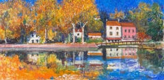 Autumn Riverside View With Trees And Homes Beside Calm Water French Oil Painting