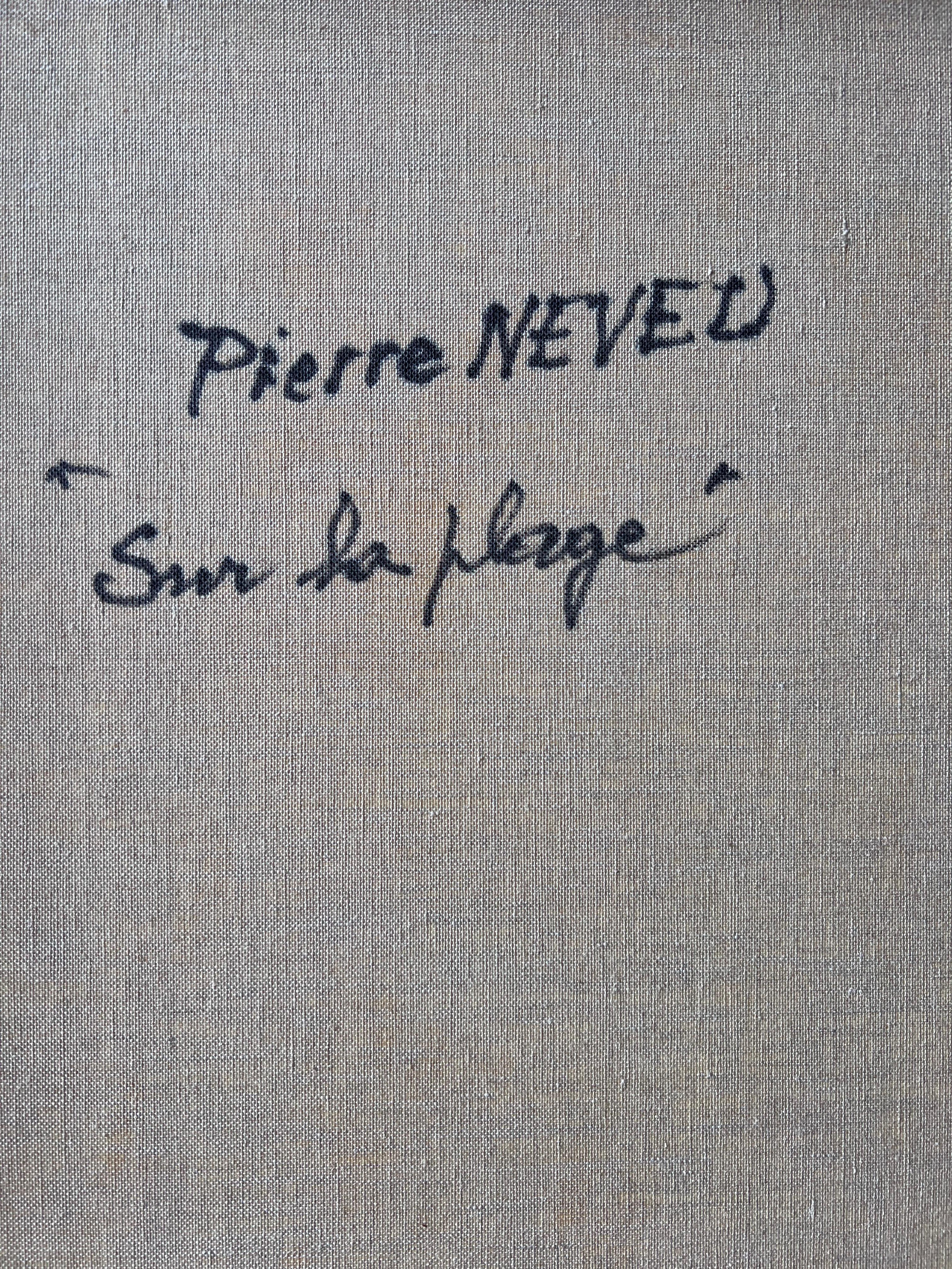 Strandfiguren unter gestreiftem Zelt mit belebter Sommerszene Warmes französisches Ölgemälde im Angebot 5