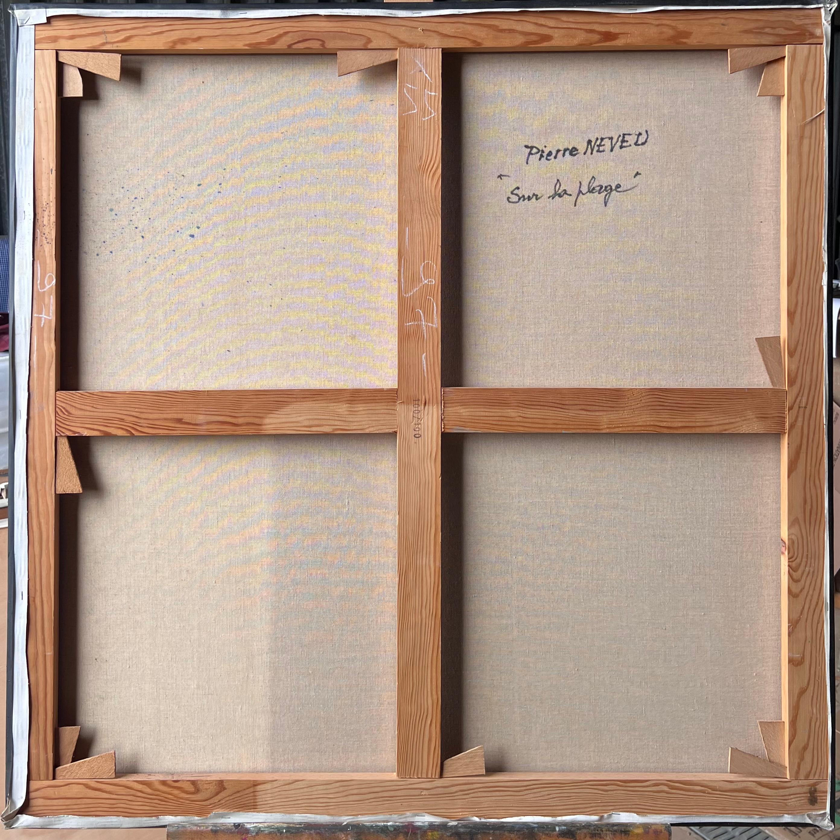 Strandfiguren unter gestreiftem Zelt mit belebter Sommerszene Warmes französisches Ölgemälde im Angebot 6