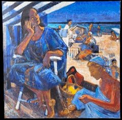 Beach Figures Under Striped Tent With Busy Summer Scene Warm French Oil Painting