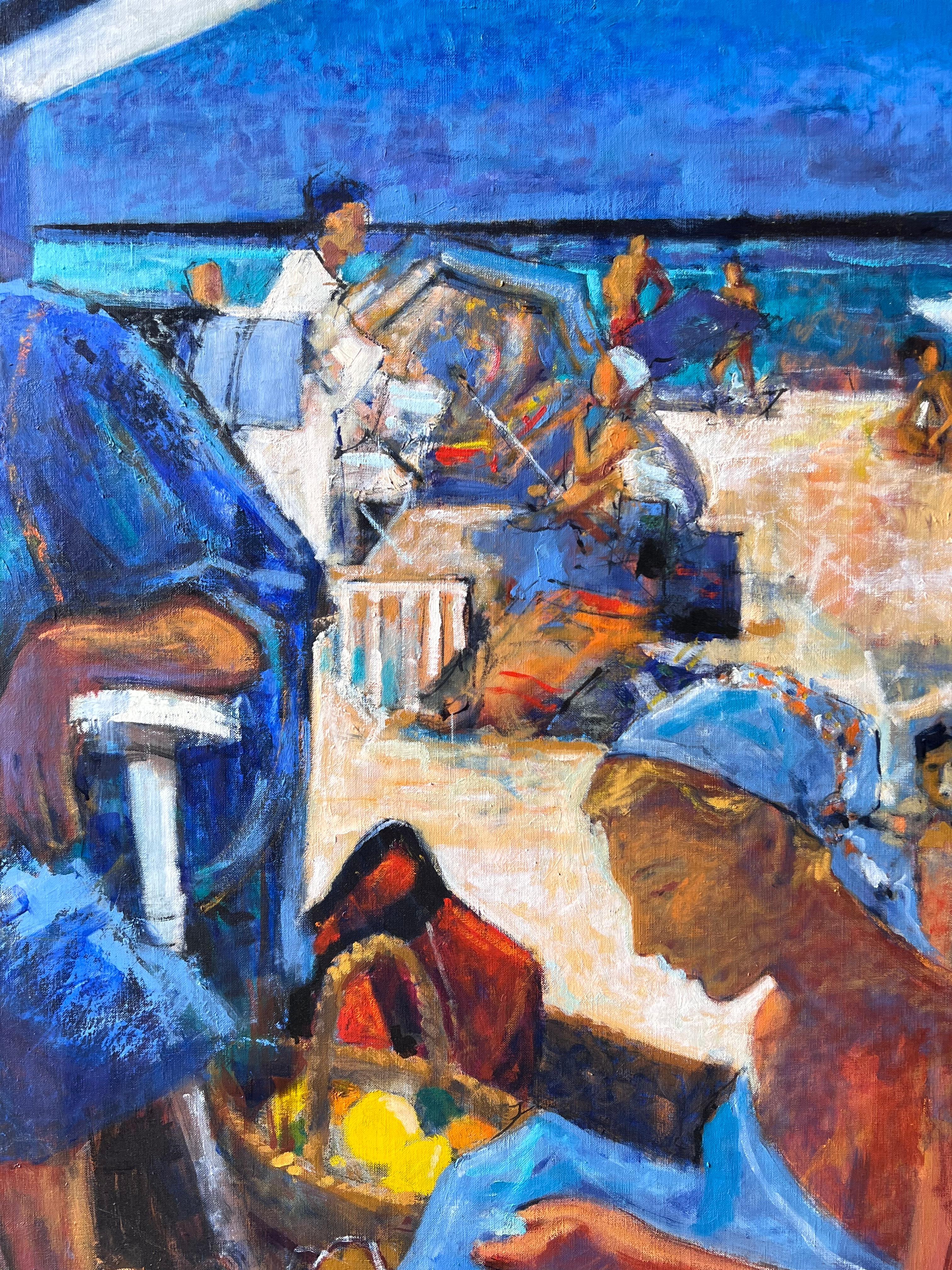 Strandfiguren unter gestreiftem Zelt mit belebter Sommerszene Warmes französisches Ölgemälde (Post-Impressionismus), Painting, von Pierre Neveu