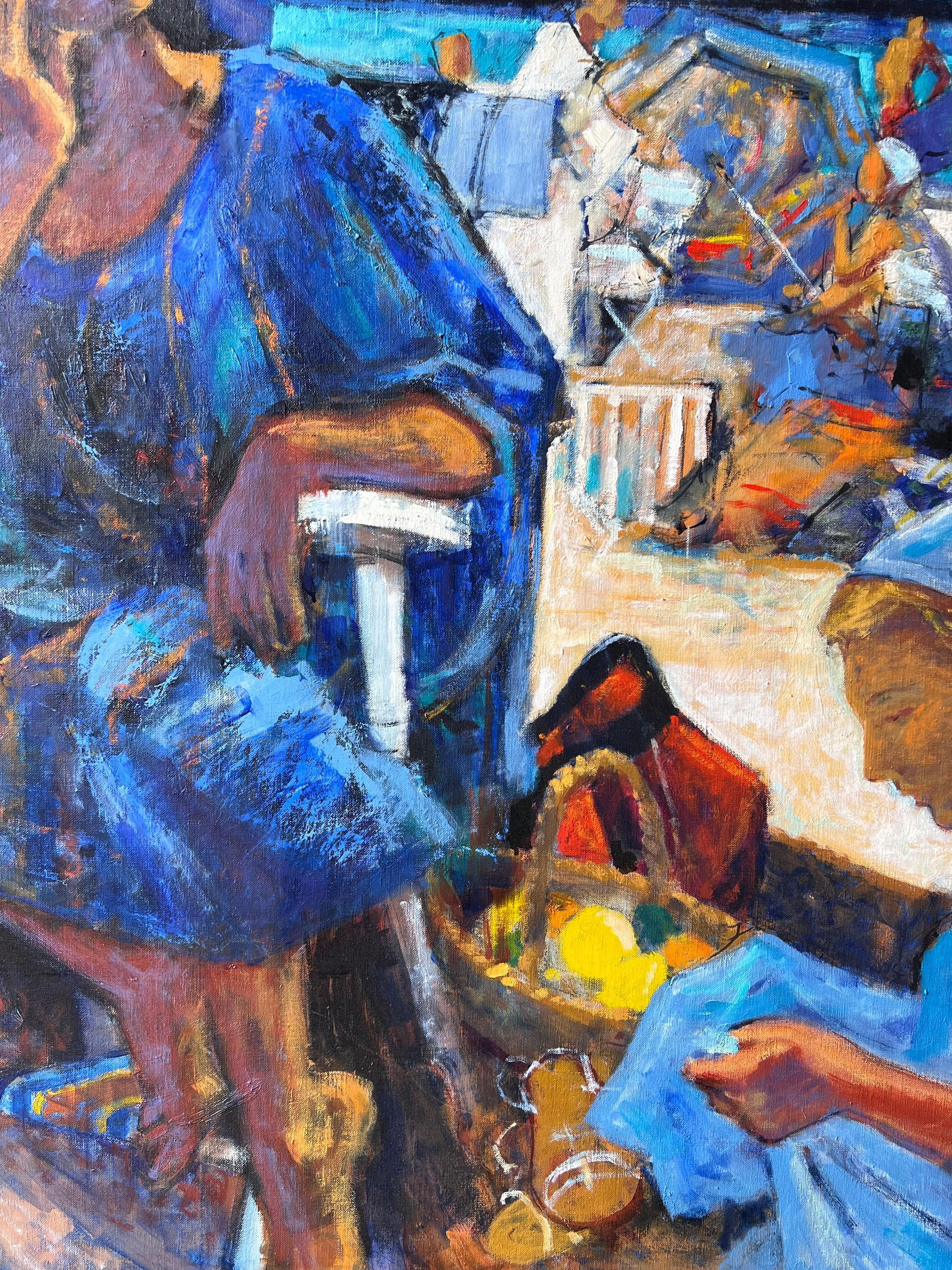 Strandfiguren unter gestreiftem Zelt mit belebter Sommerszene Warmes französisches Ölgemälde im Angebot 1