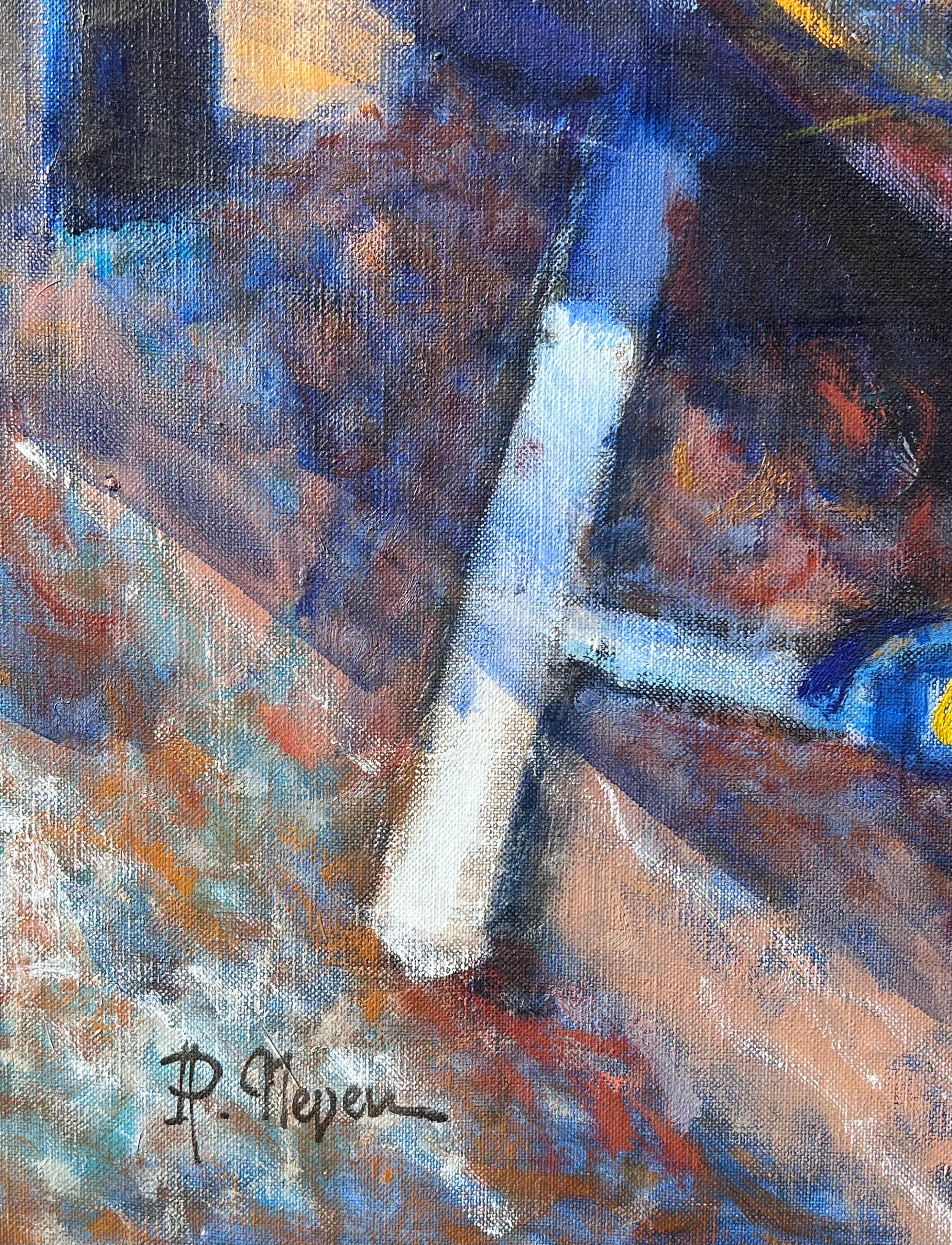 Strandfiguren unter gestreiftem Zelt mit belebter Sommerszene Warmes französisches Ölgemälde im Angebot 2