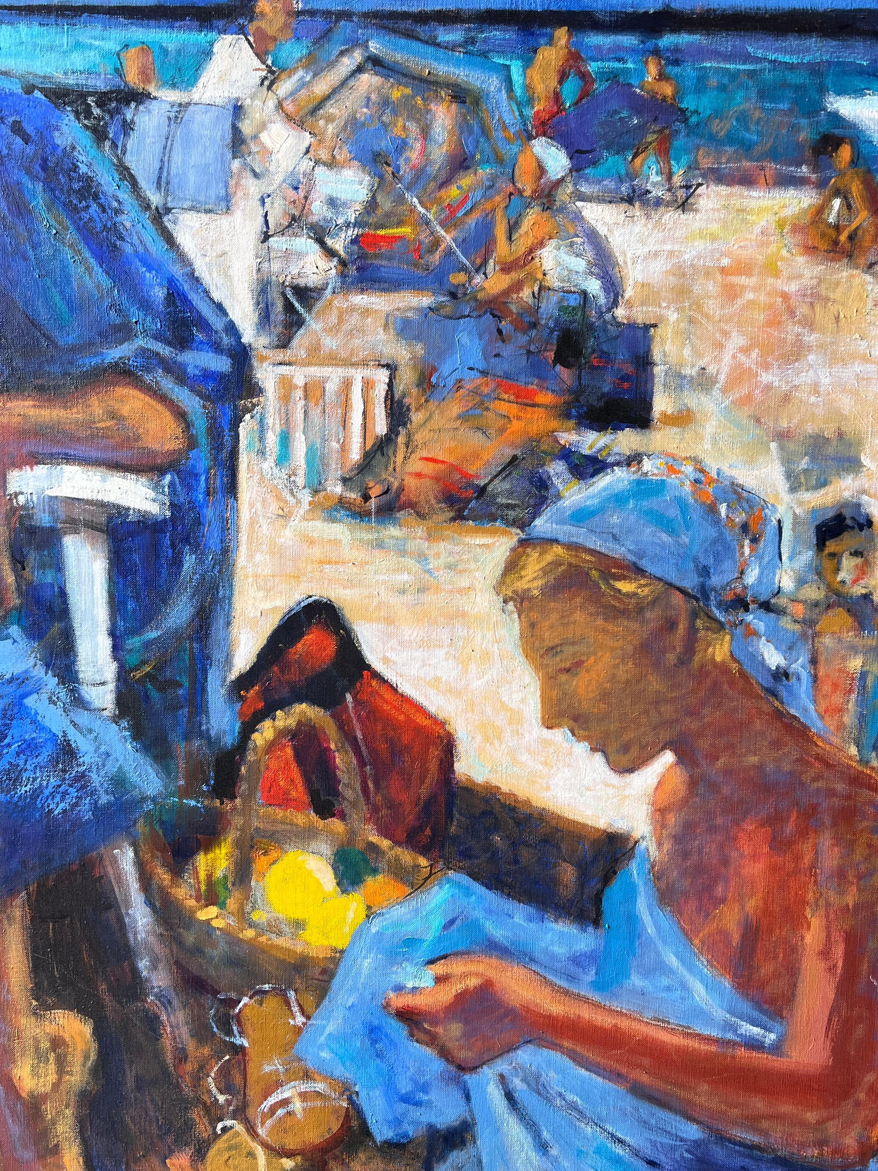 Strandfiguren unter gestreiftem Zelt mit belebter Sommerszene Warmes französisches Ölgemälde im Angebot 3