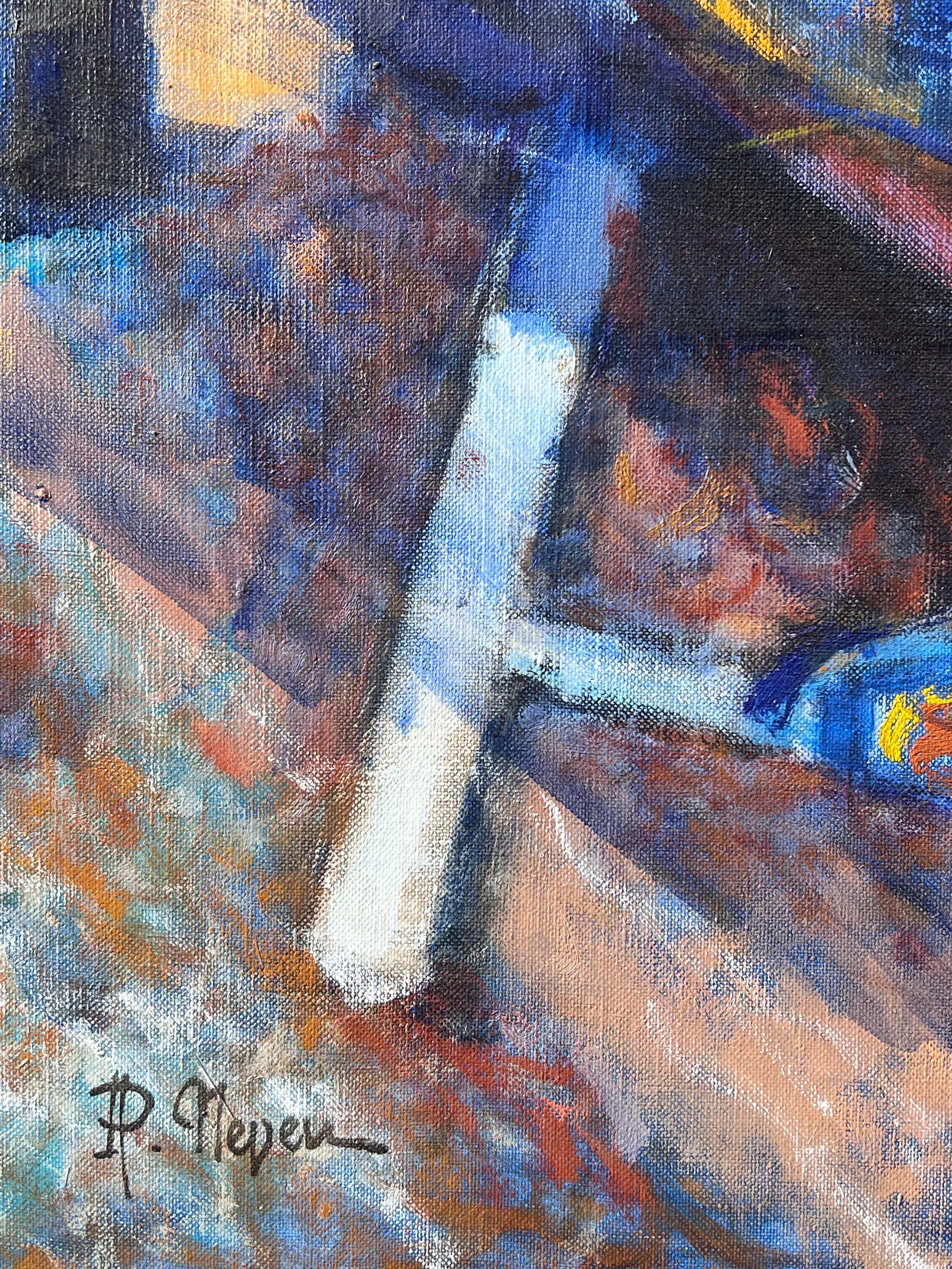 Strandfiguren unter gestreiftem Zelt mit belebter Sommerszene Warmes französisches Ölgemälde im Angebot 4