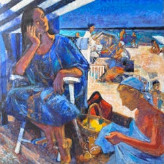 Beach Figures Under Striped Tent With Busy Summer Scene Warm French Oil Painting