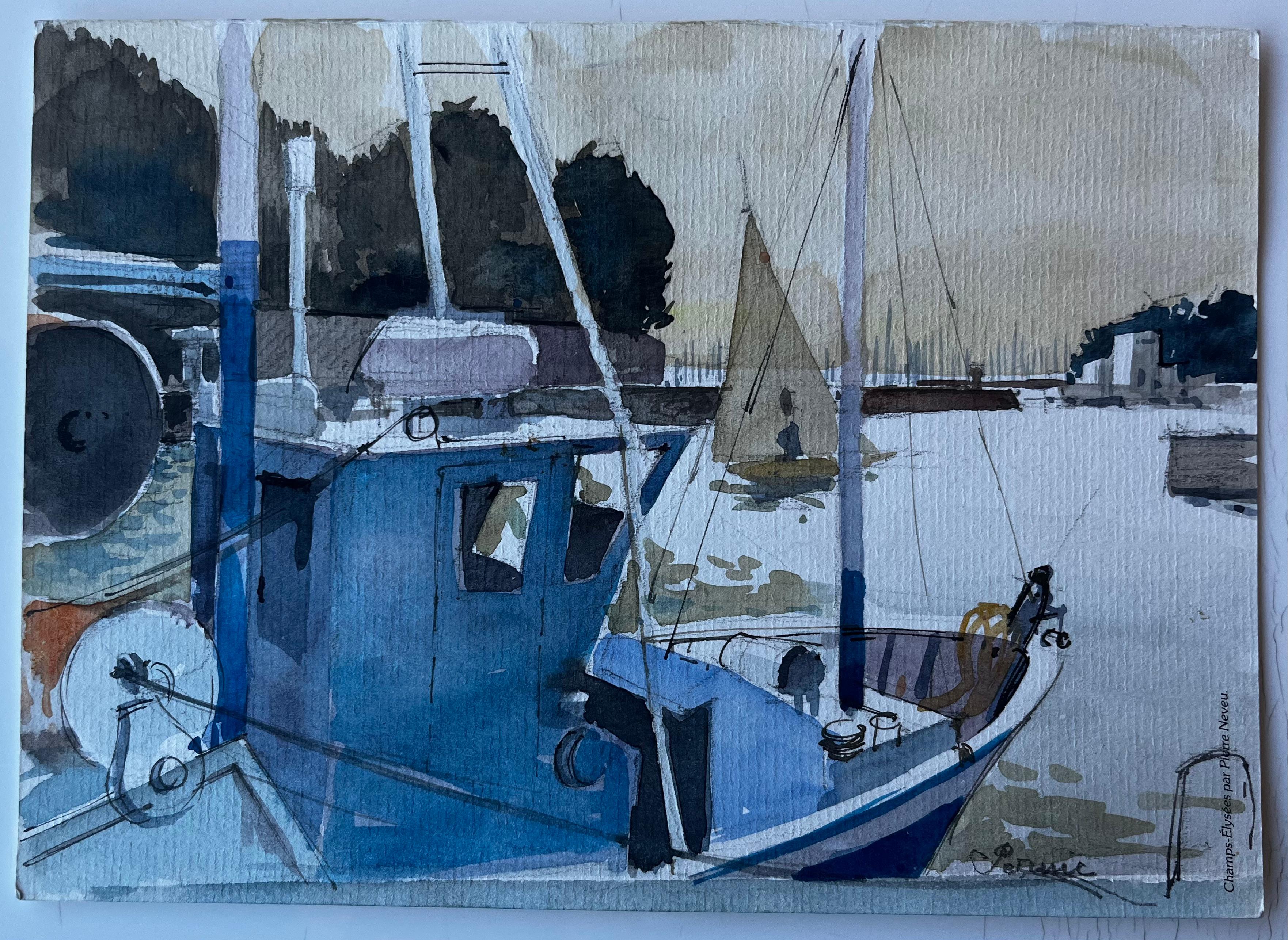 Barco de pesca azul en el puerto de Bretaña Acuarela francesa de Pierre Neveu en venta 1