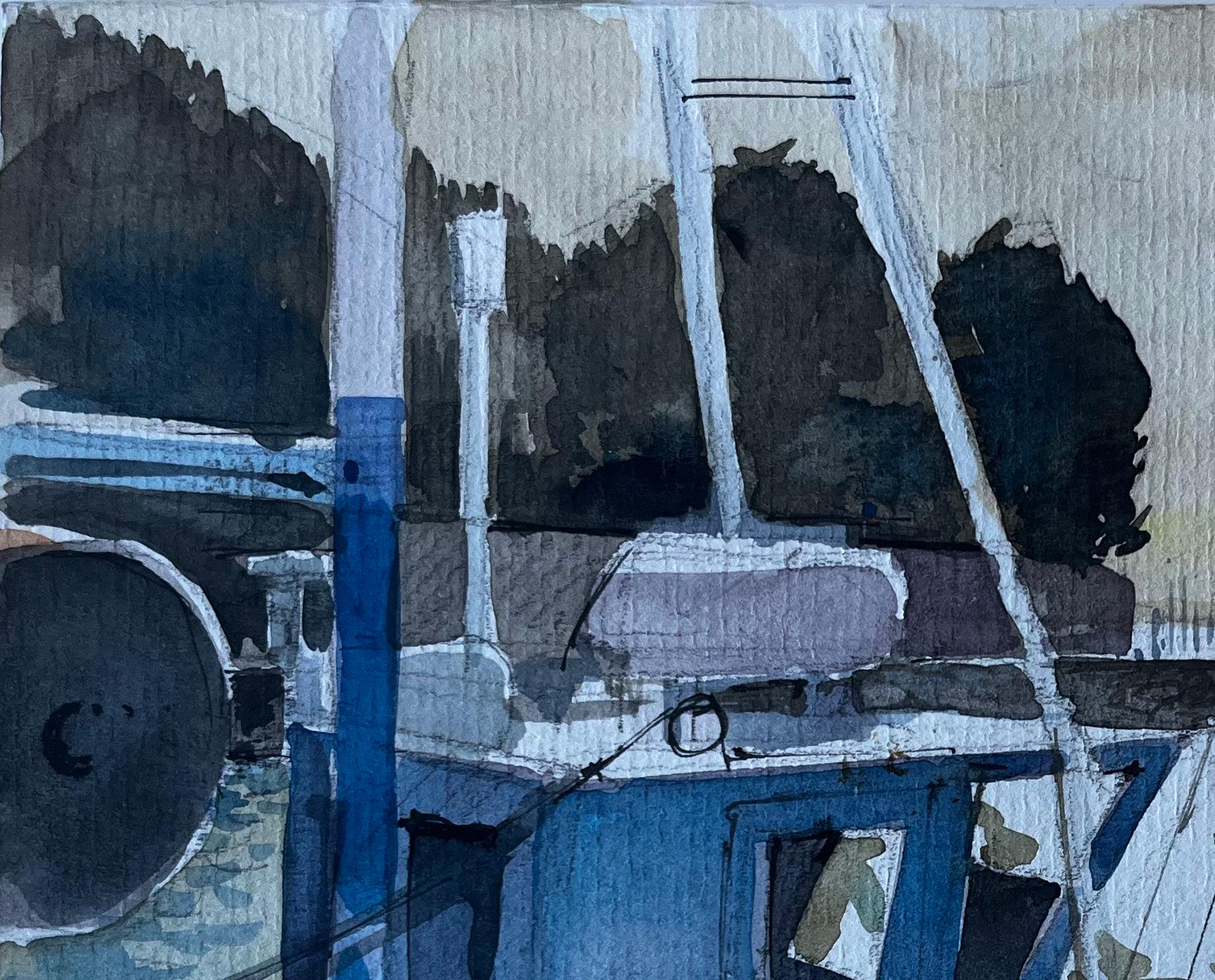 Barco de pesca azul en el puerto de Bretaña Acuarela francesa de Pierre Neveu en venta 2