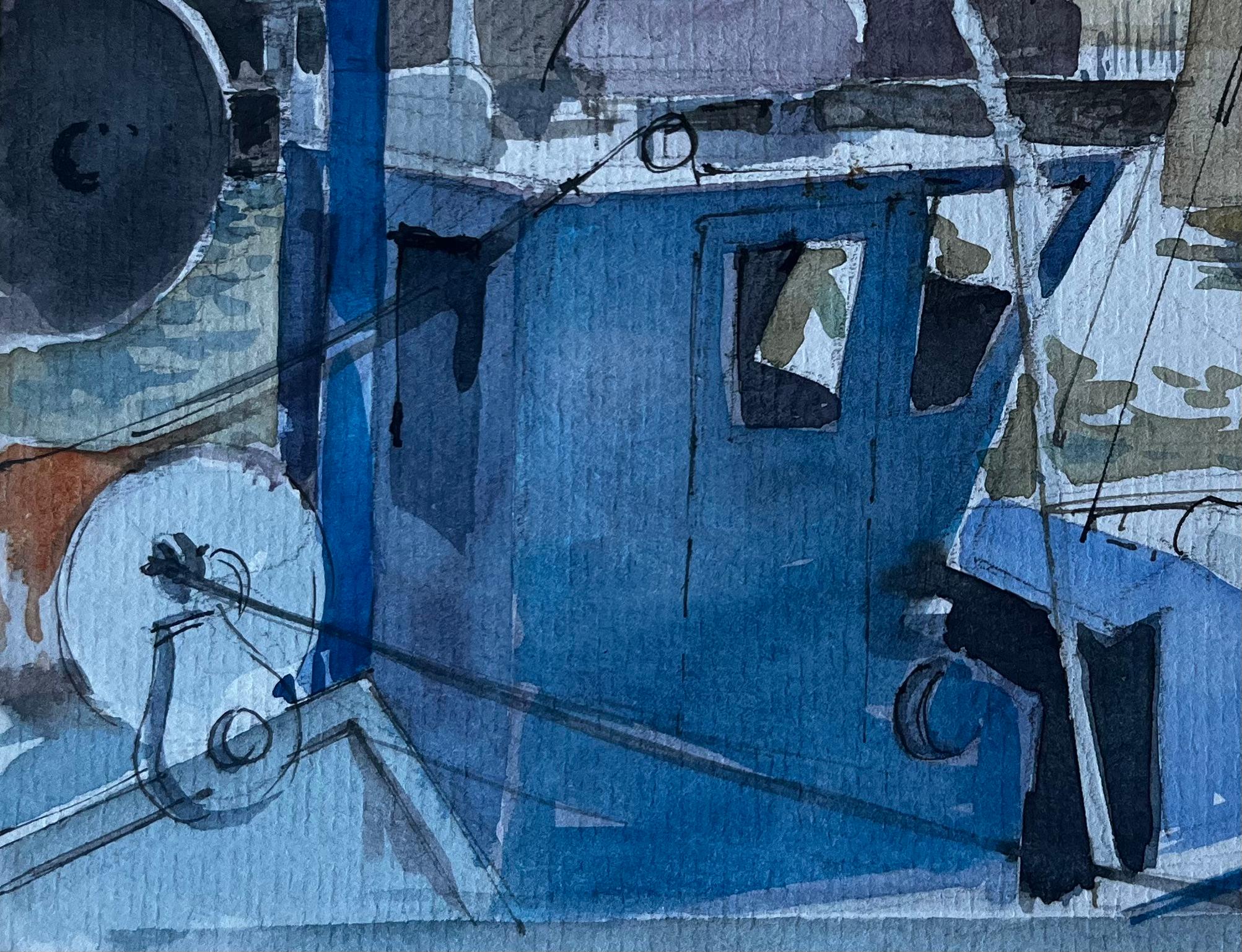 Barco de pesca azul en el puerto de Bretaña Acuarela francesa de Pierre Neveu en venta 3