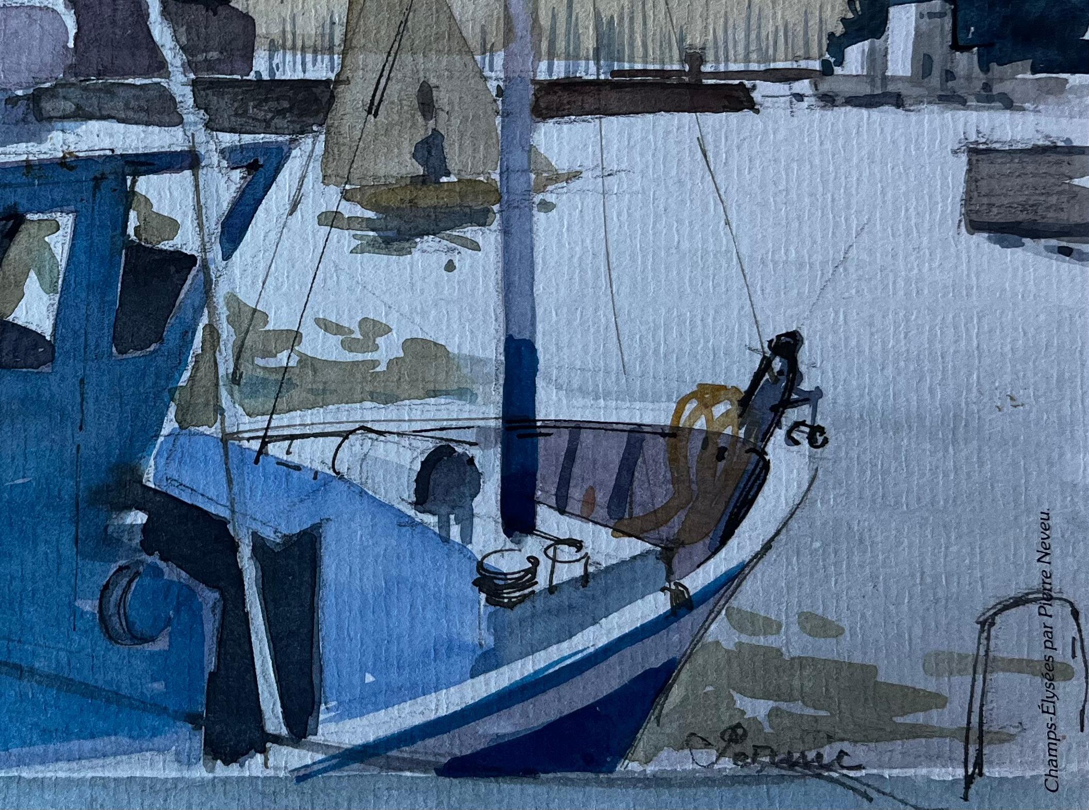 Barco de pesca azul en el puerto de Bretaña Acuarela francesa de Pierre Neveu en venta 4