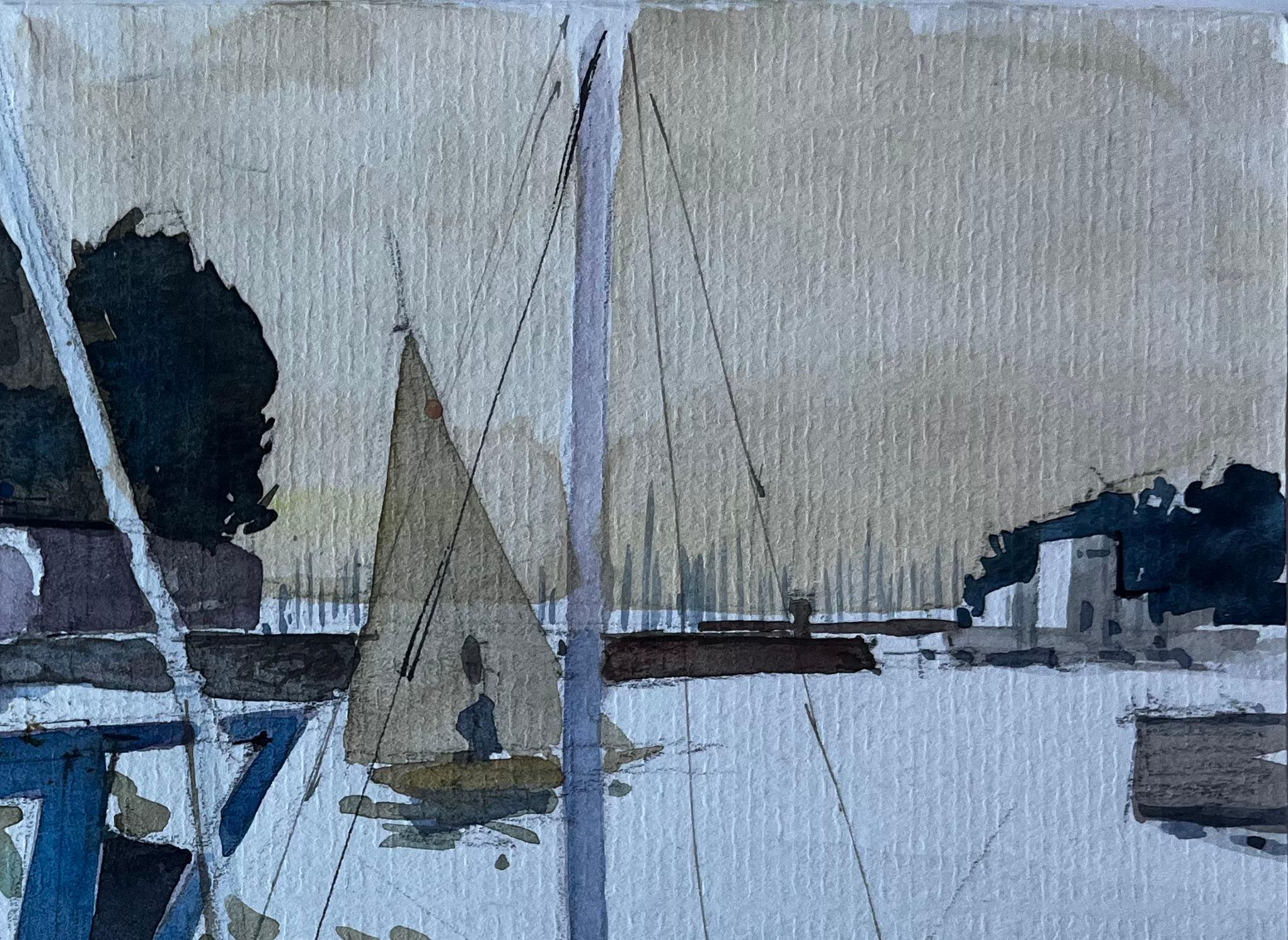 Barco de pesca azul en el puerto de Bretaña Acuarela francesa de Pierre Neveu en venta 5