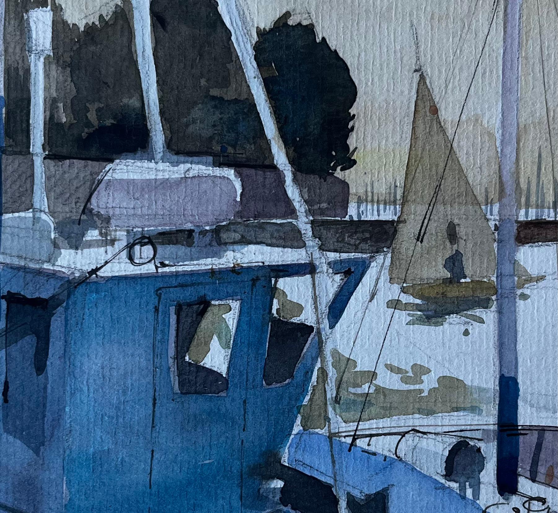 Barco de pesca azul en el puerto de Bretaña Acuarela francesa de Pierre Neveu en venta 6