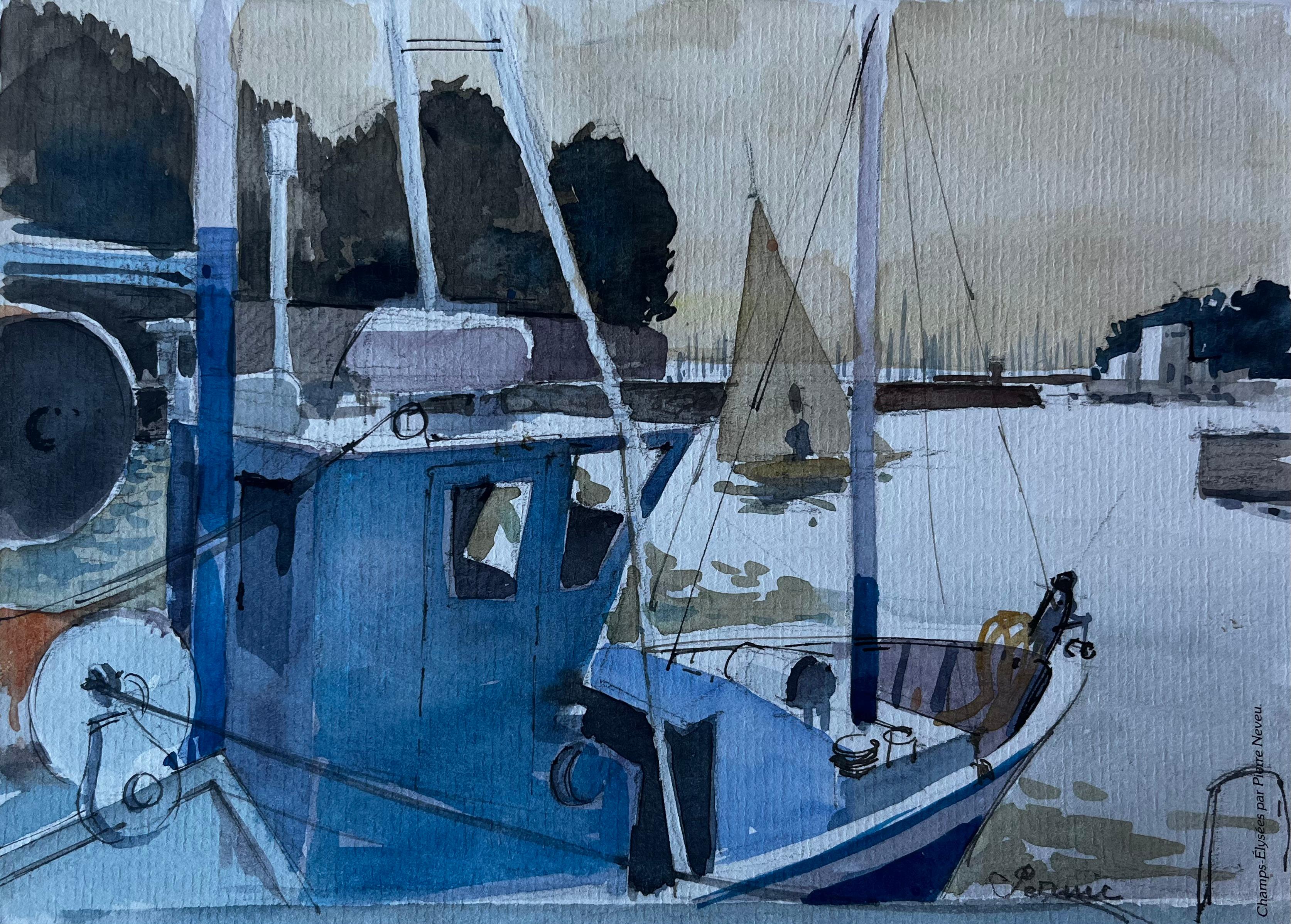 Bateau de pêche bleu dans le port de Bretagne Aquarelle française de Pierre Neveu
