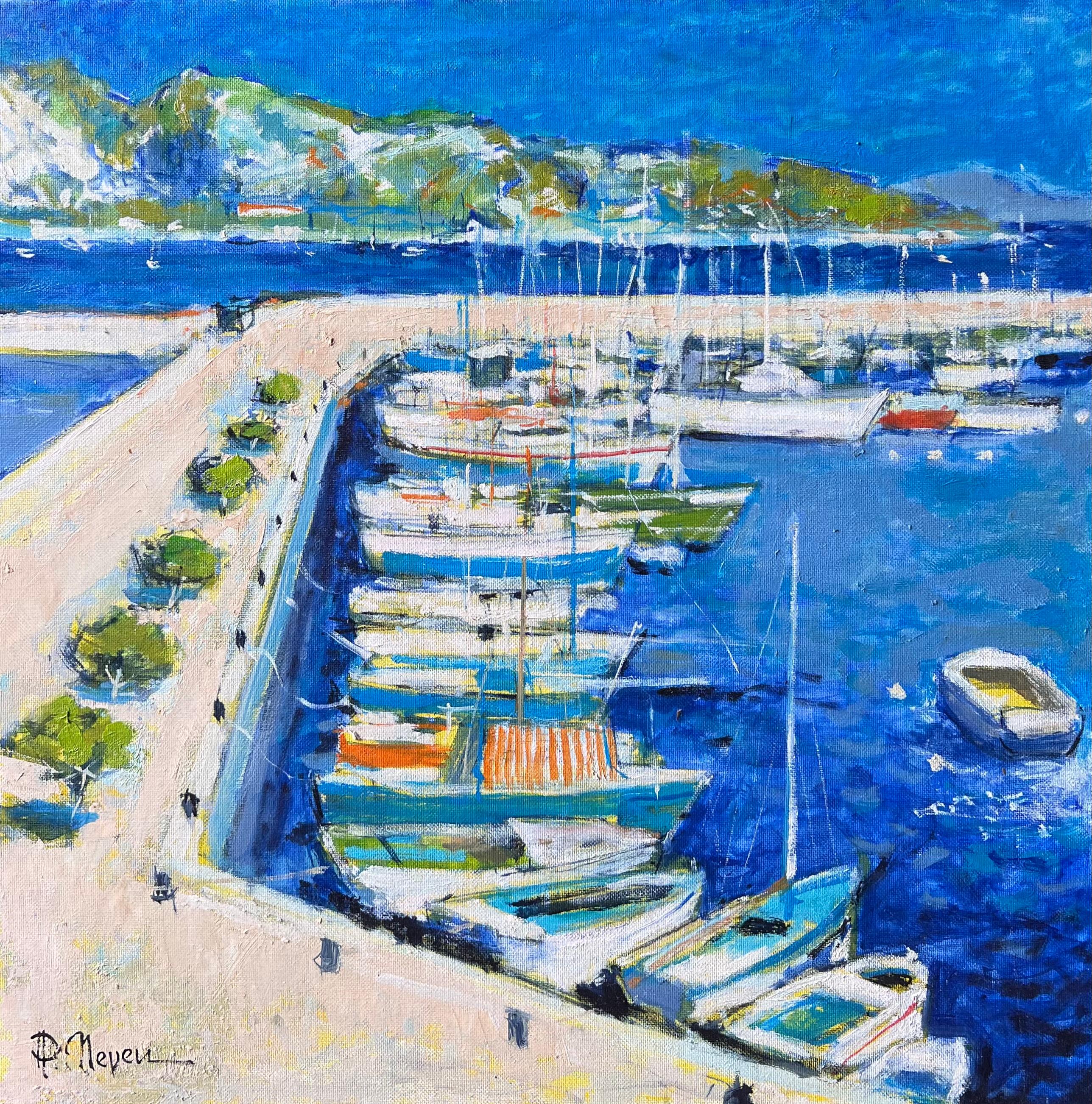 Leuchtend blaues Mittelmeer Südfrankreich Hafen Hafen Post Impressionist Öl – Painting von Pierre Neveu